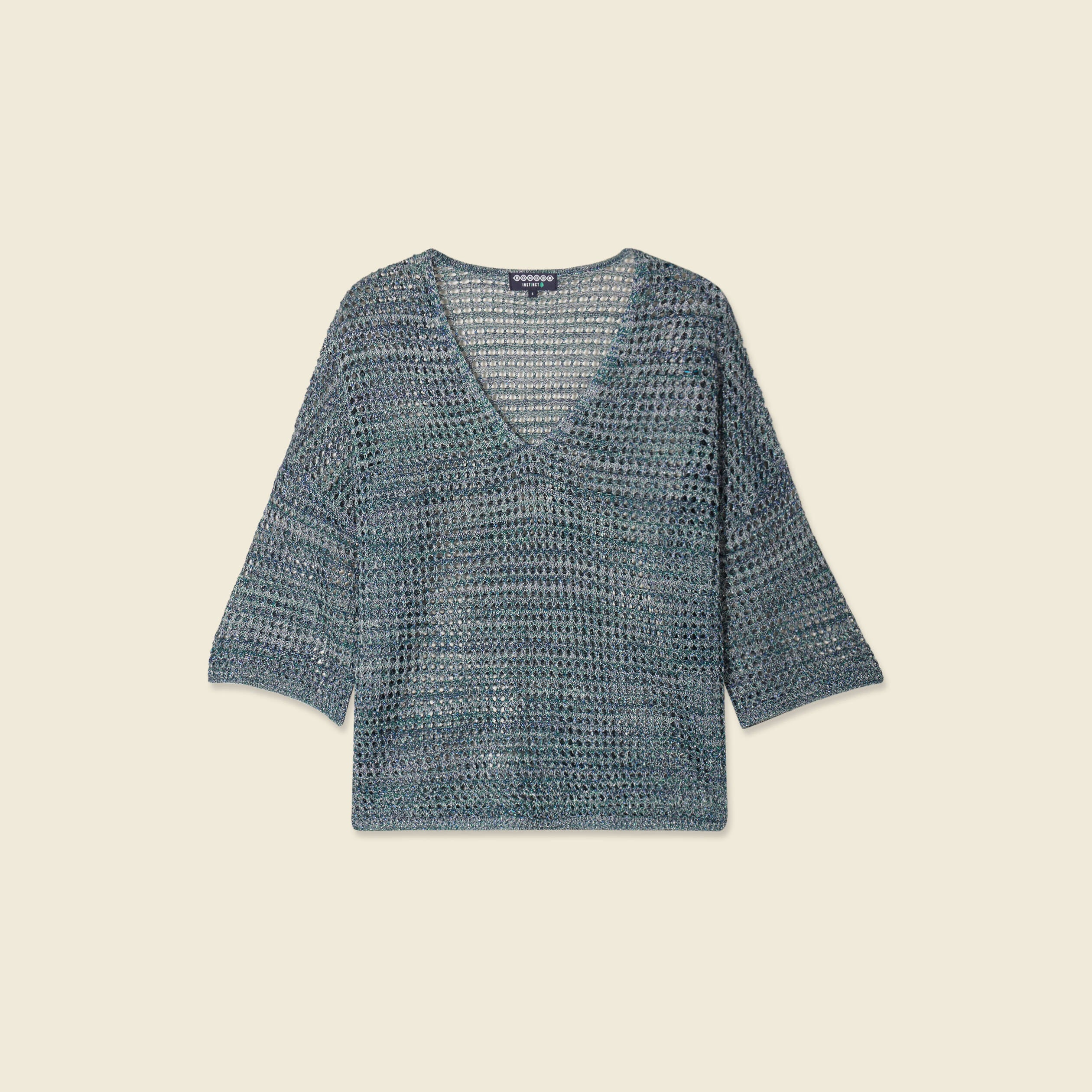 Pull manches courtes ajour&eacute; bleu clair femme