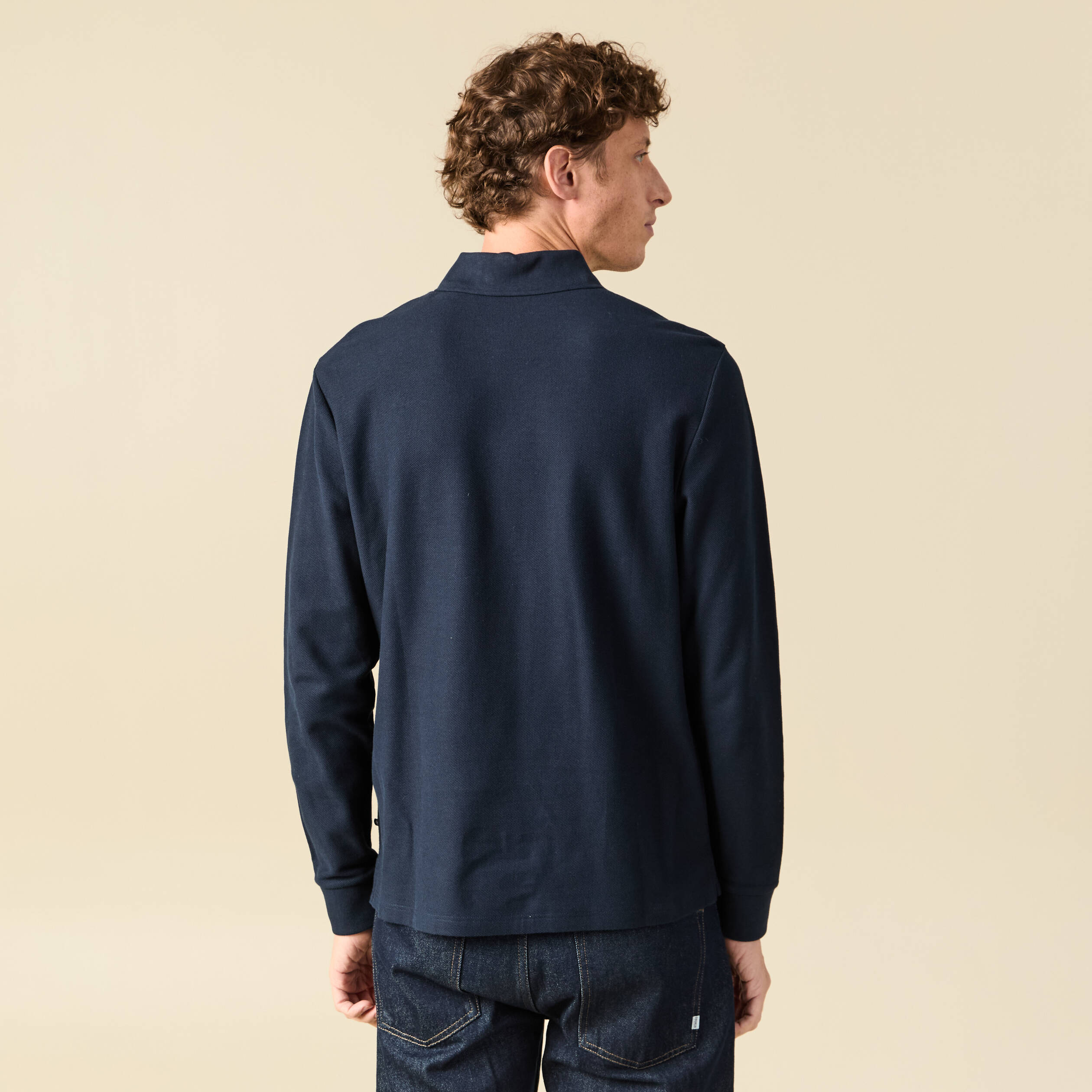Polo manches longues en coton bleu marine homme