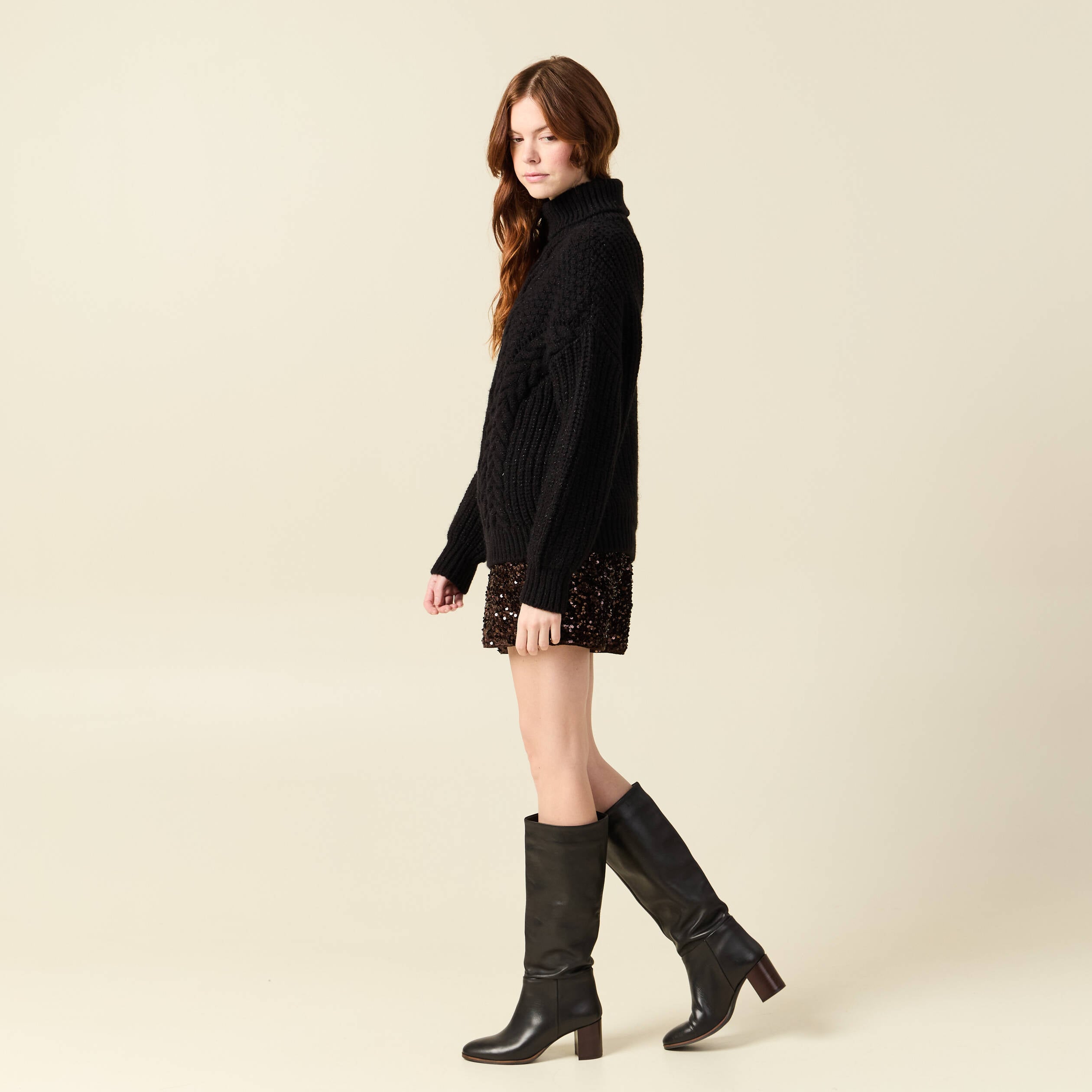Pull manches longues col roul&eacute; brillant noir femme