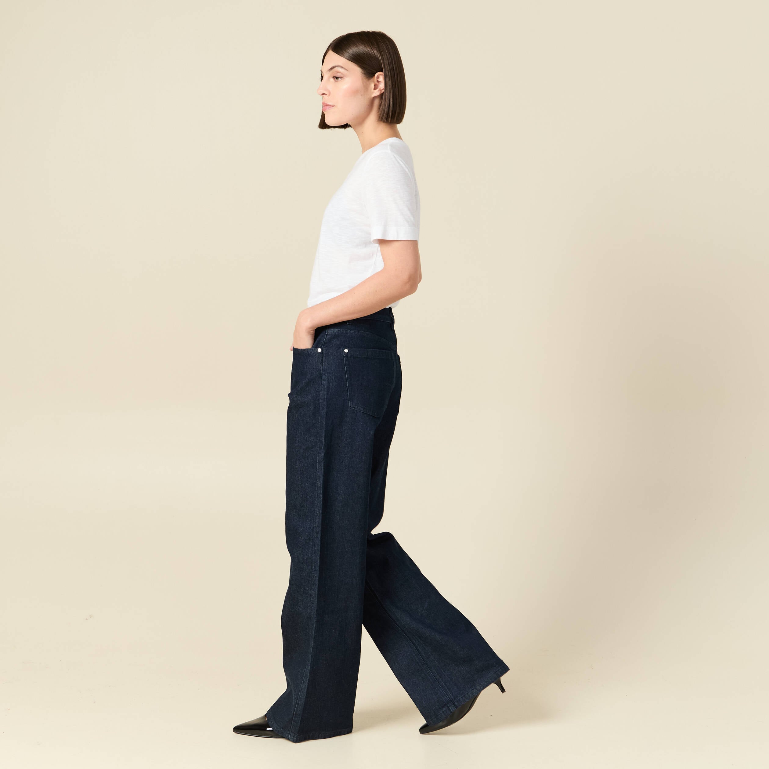 Jeans large taille haute denim brut rinse femme