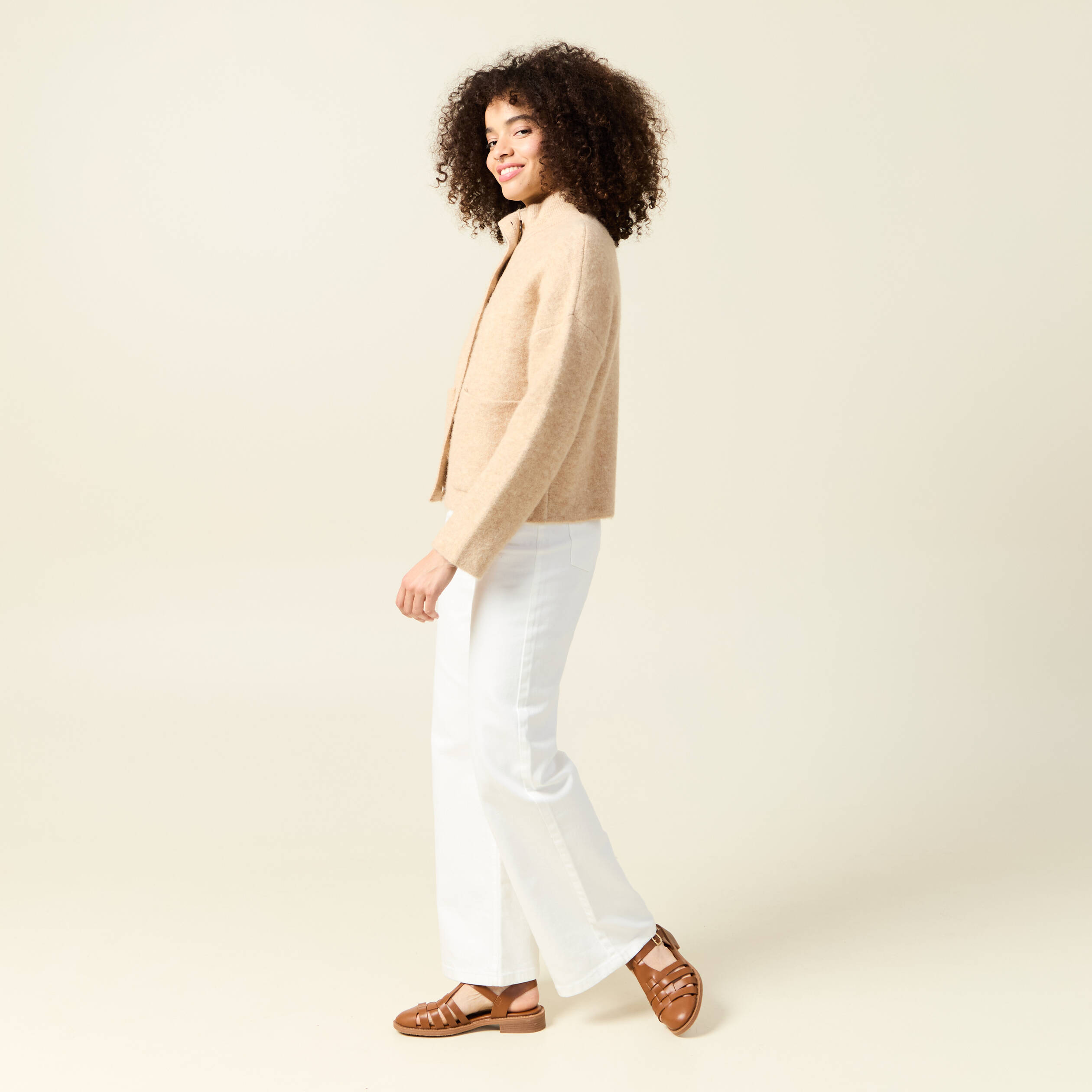 Veste manches longues col V creme femme