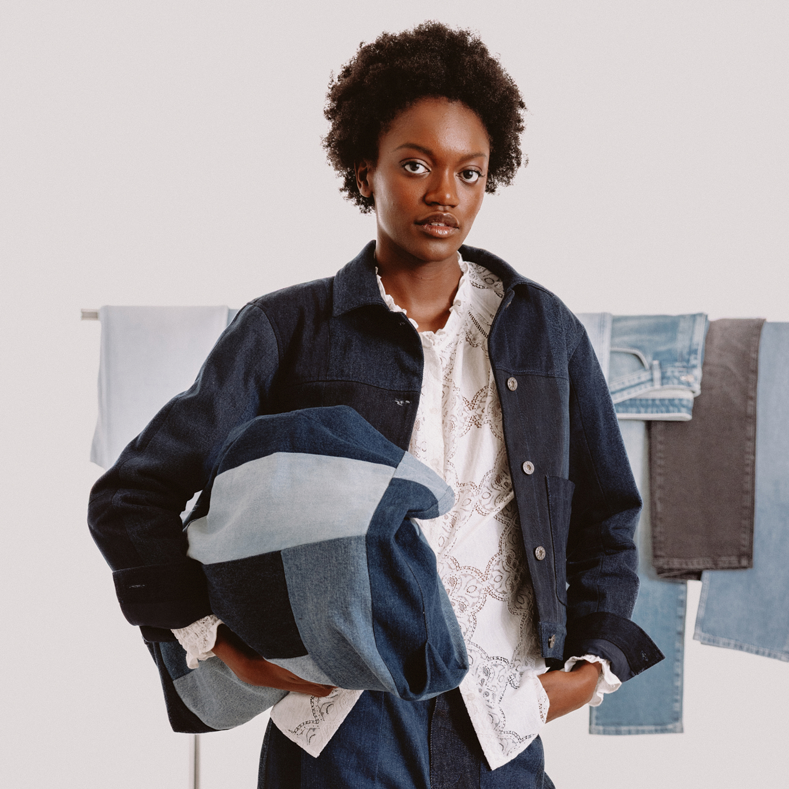 Sac cabas bandouli&egrave;re en coton jeans denim brut femme