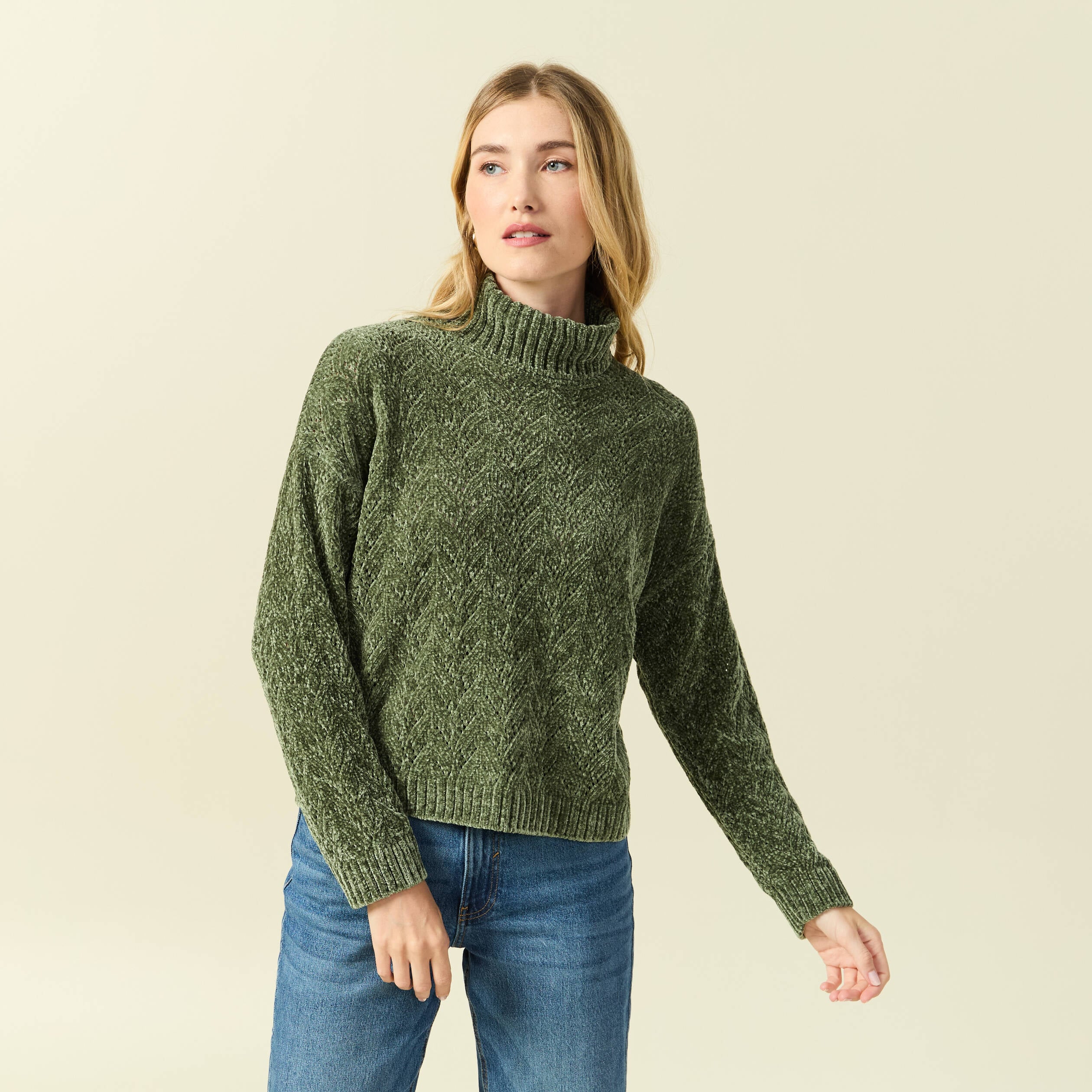 Pull col roul&eacute; manches longues vert kaki femme