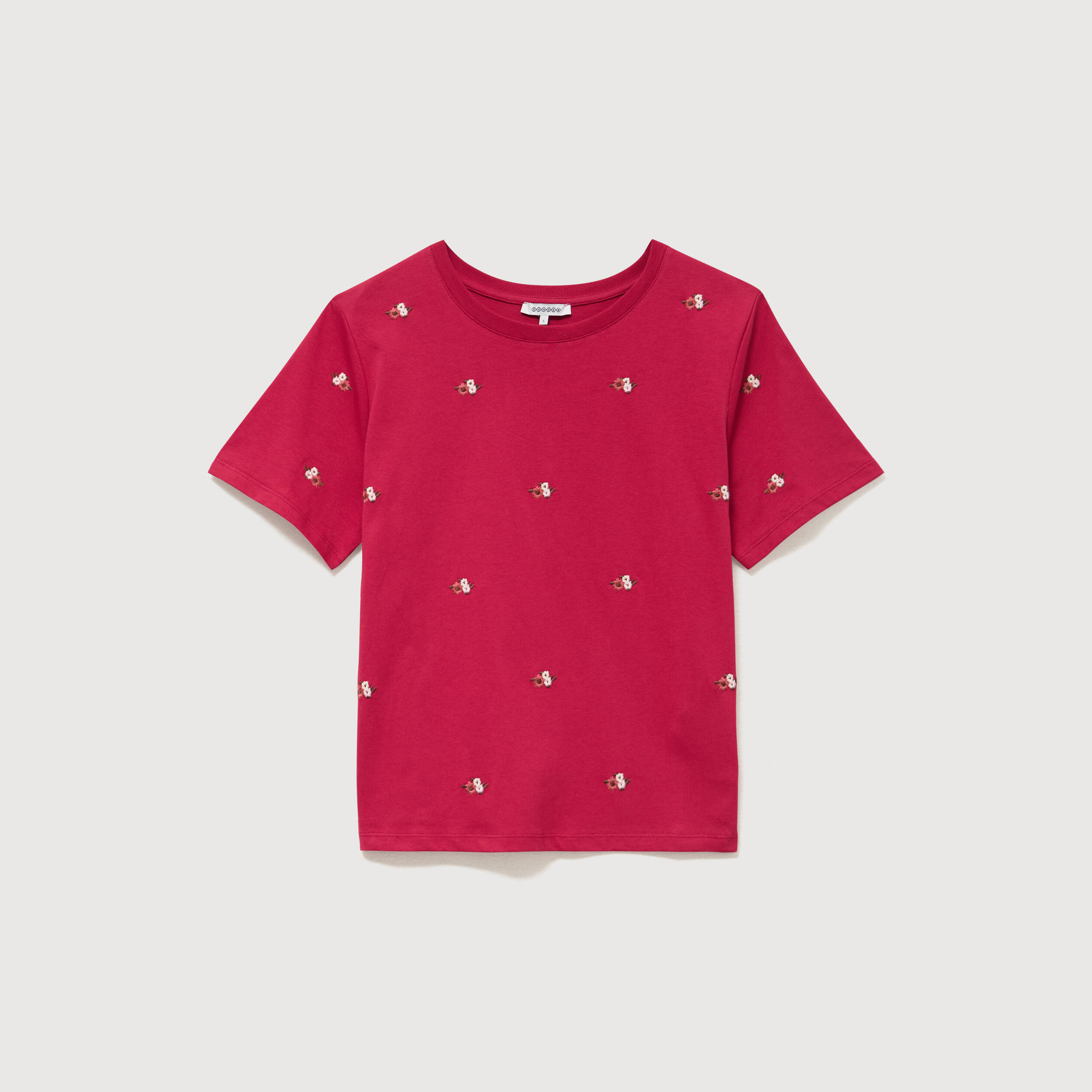 T-shirt droit col rond brod&eacute; en coton rouge clair femme
