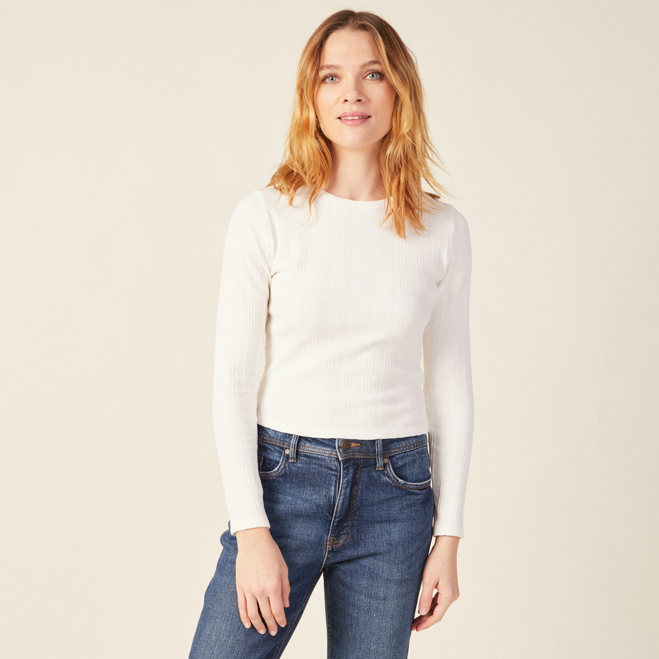 Crop top manches longues ecru femme