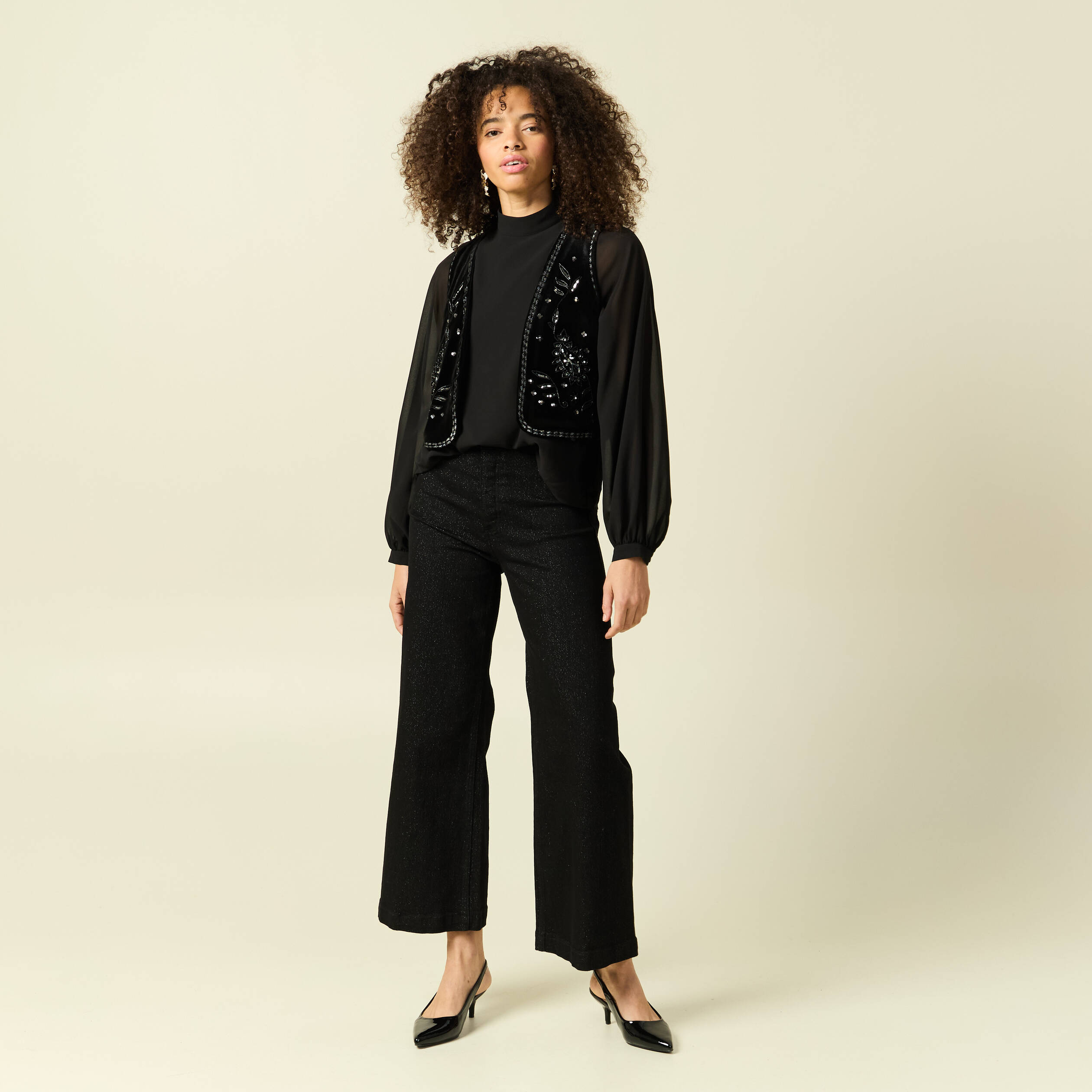 Blouse oversize col montant doubl&eacute;e noir femme