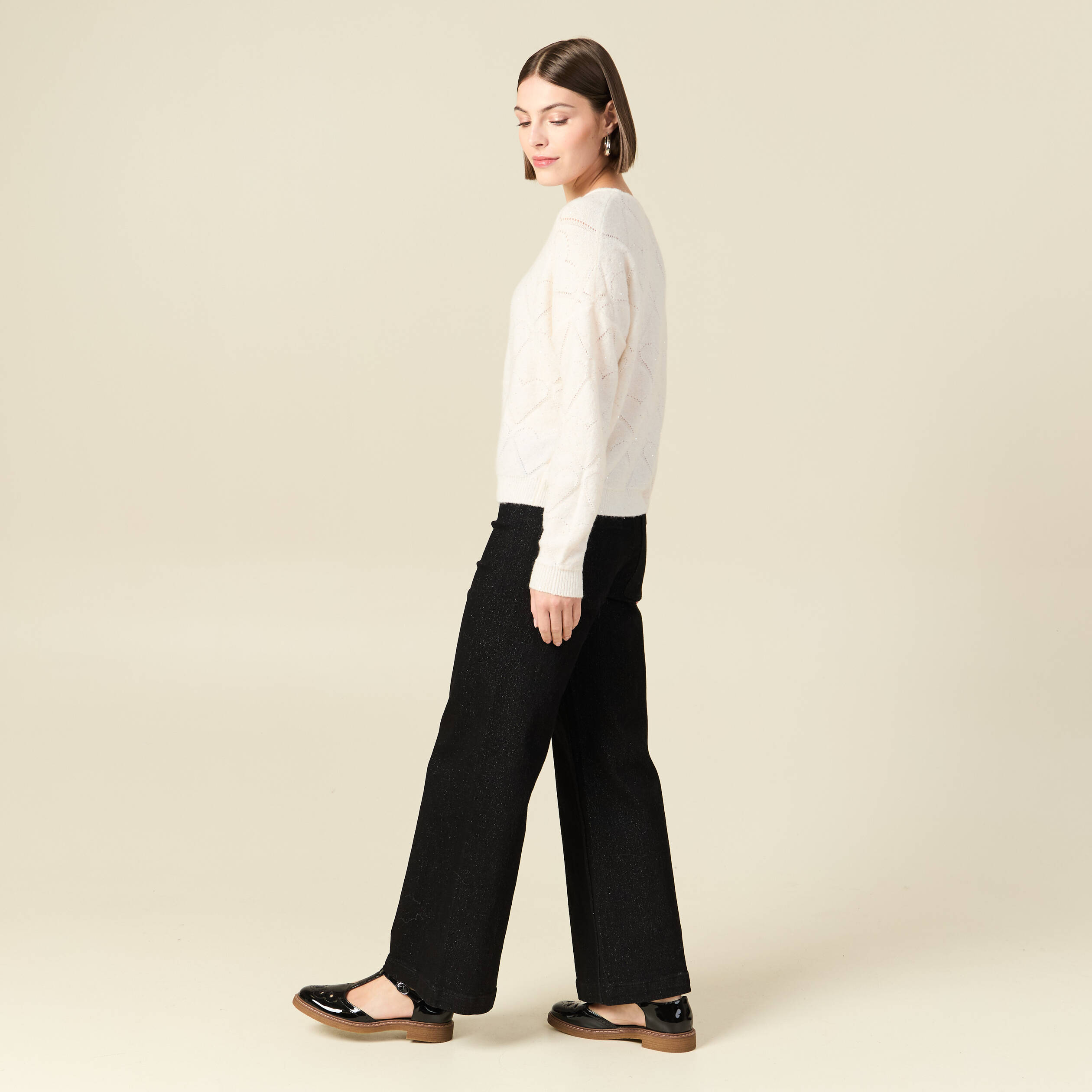 Pull manches longues col rond brillant ecru femme