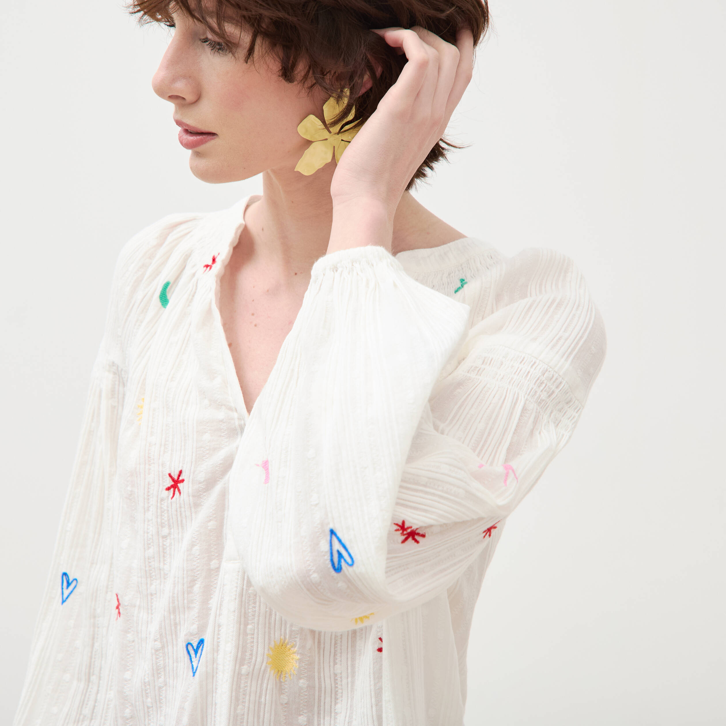 Blouse ample col mao manches longues ecru femme