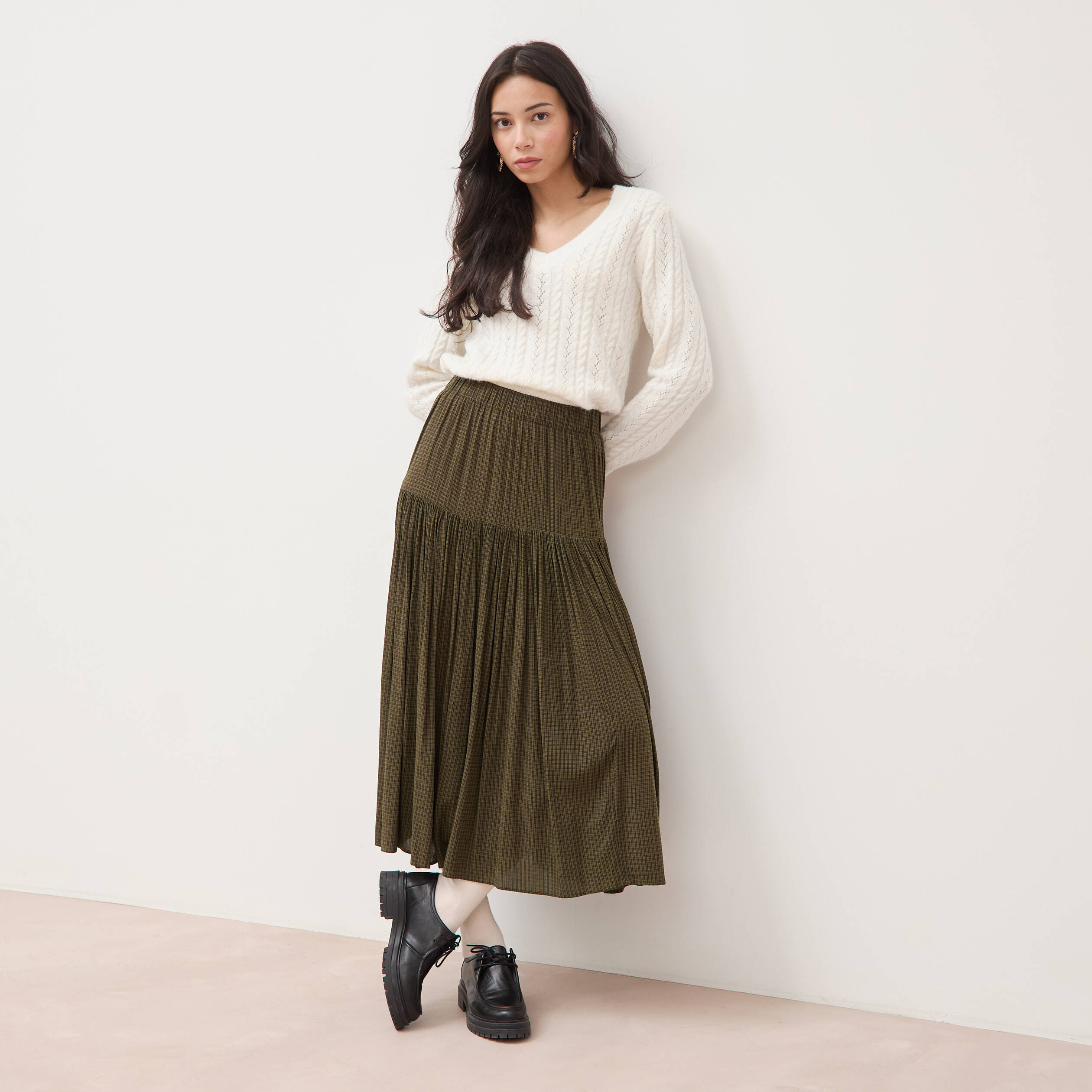 Jupe longue &eacute;vas&eacute;e taille haute vert kaki femme