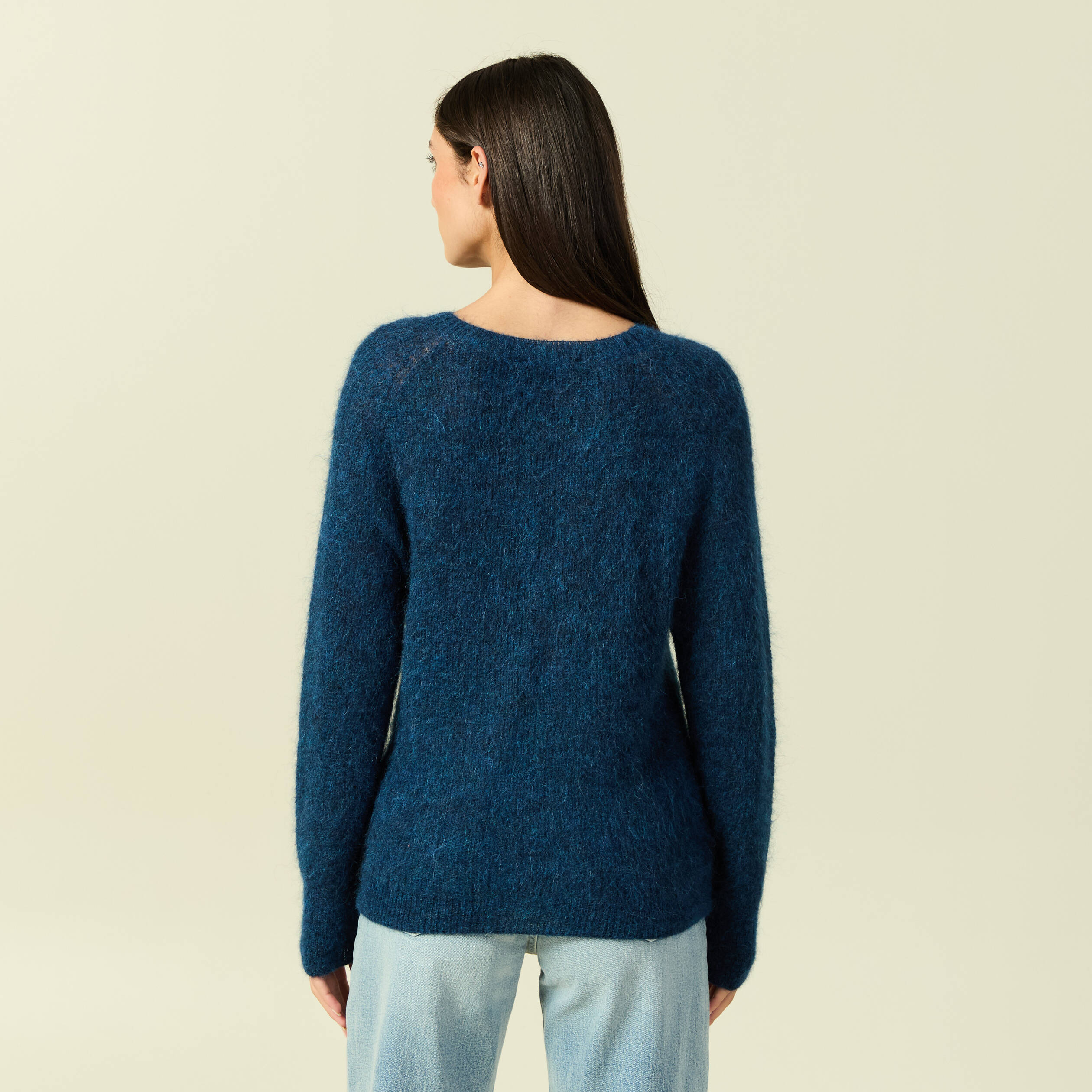 Pull manches longues col rond bleu canard femme
