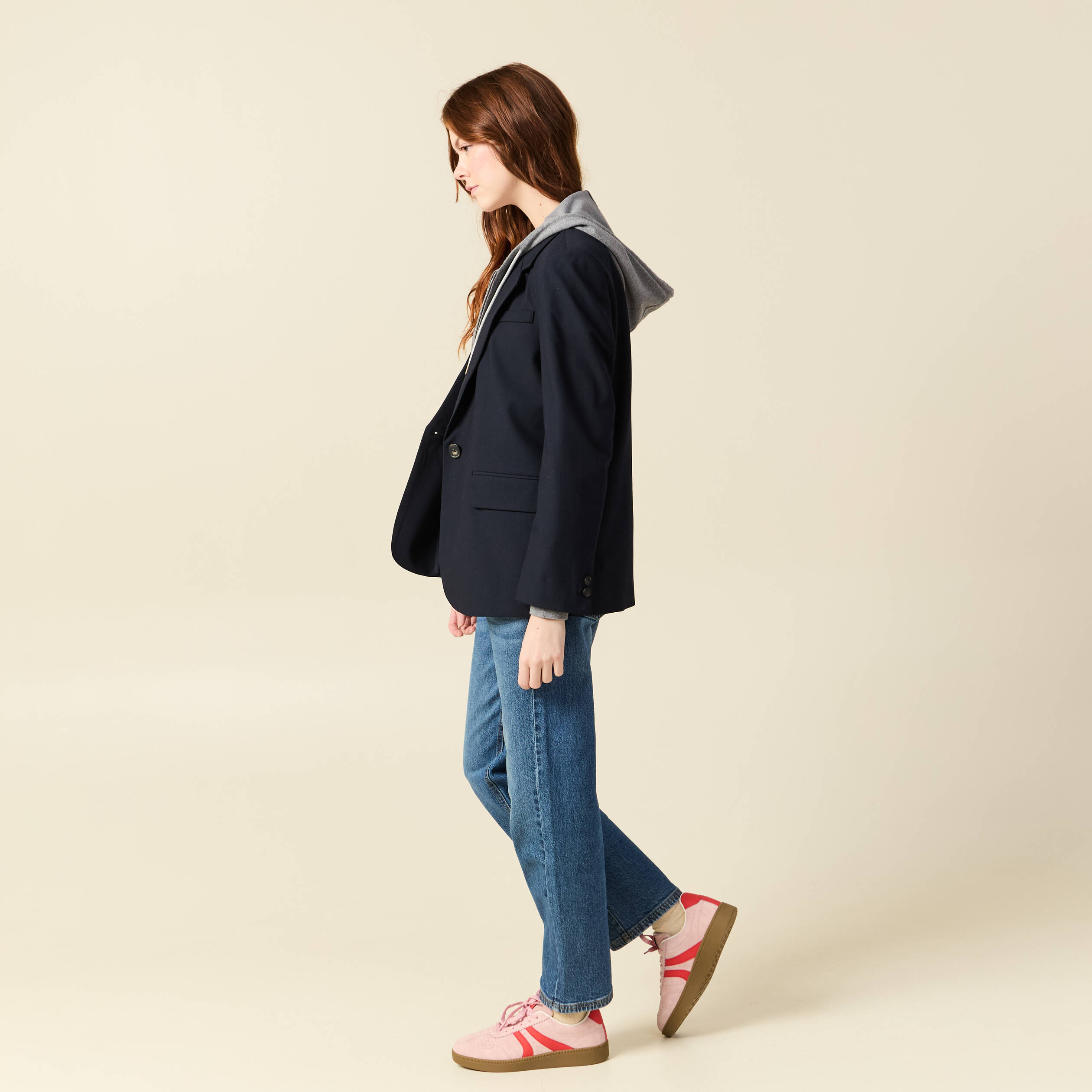 Blazer manches longues col tailleur bleu marine femme