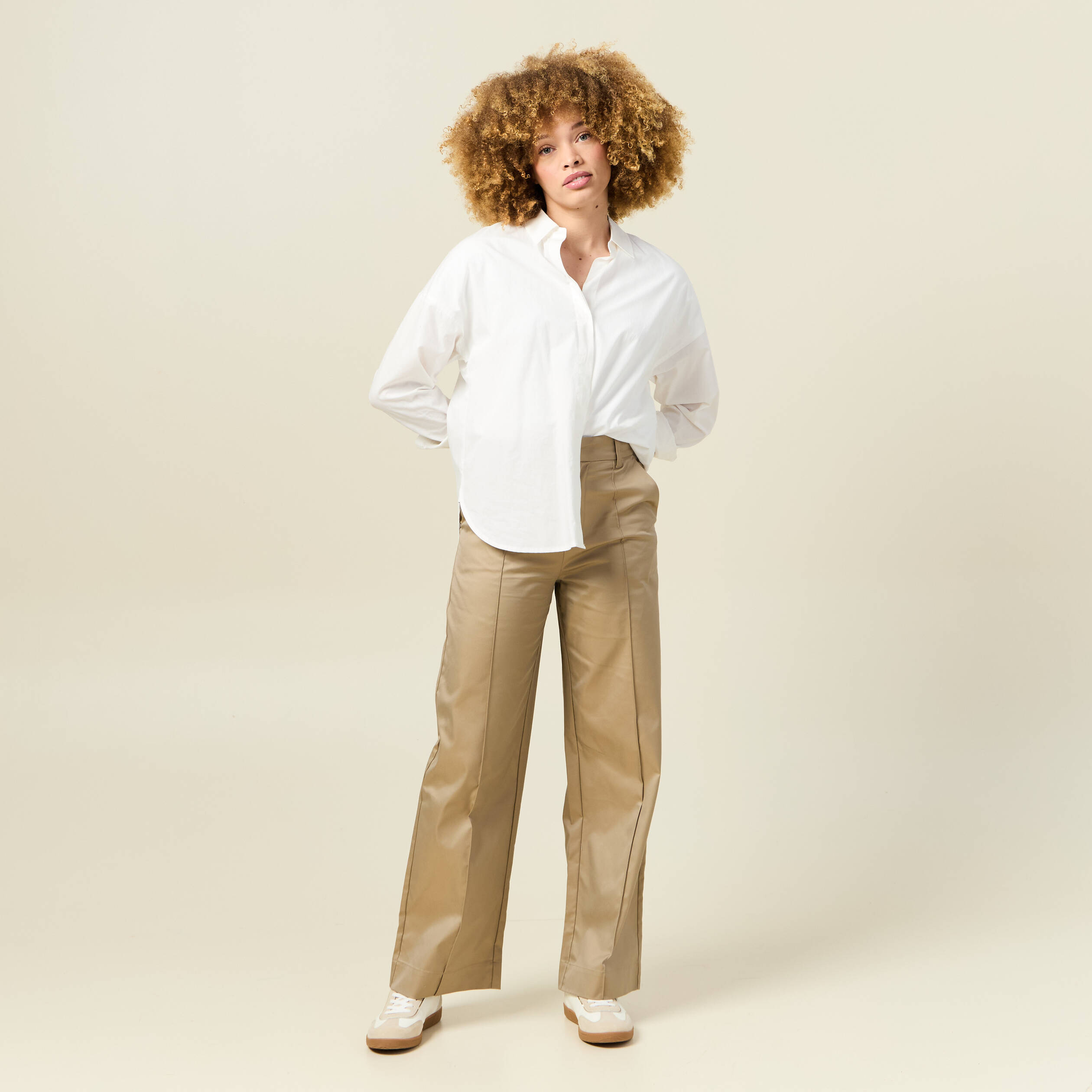 Pantalon large taille haute beige femme