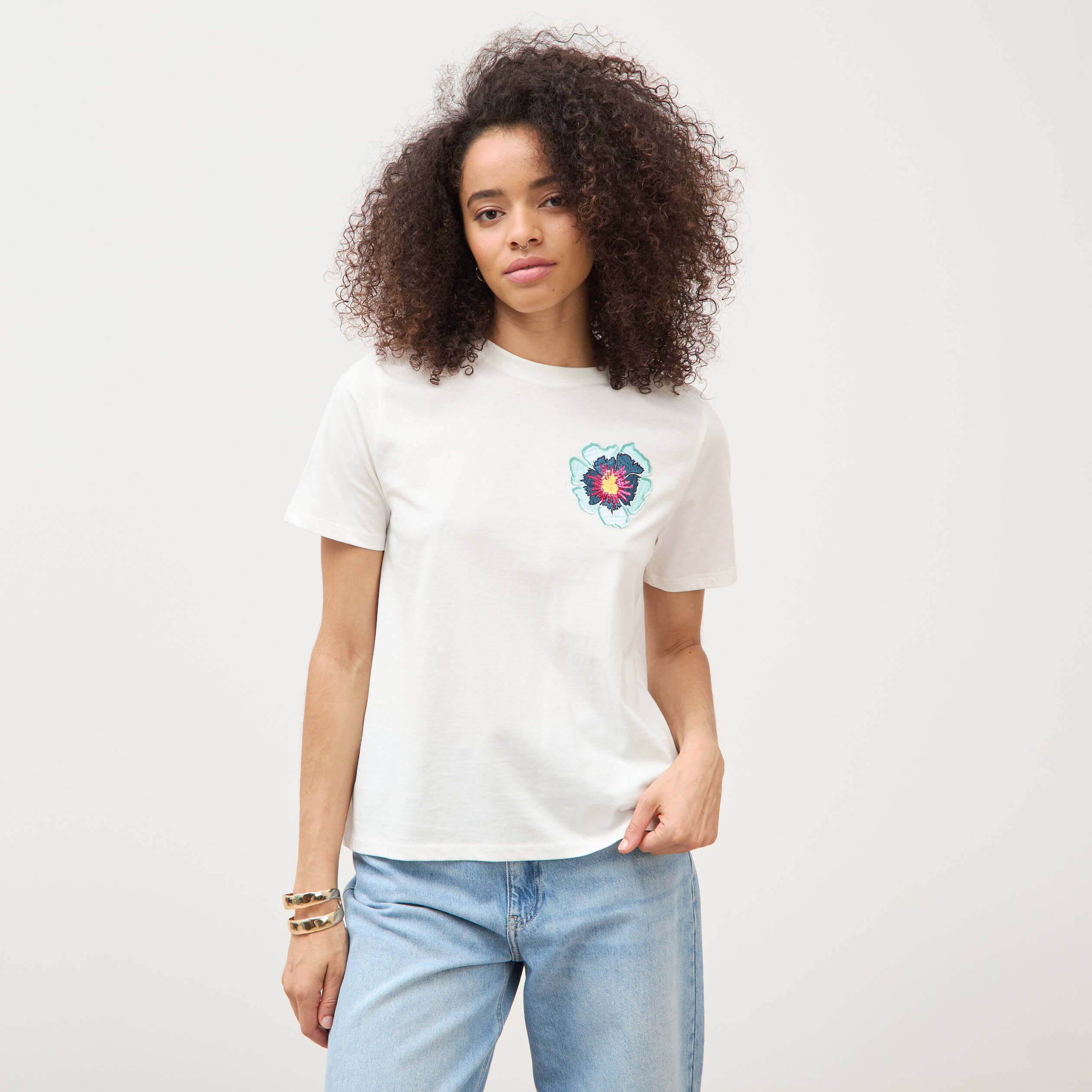 T-shirt droit col rond manches courtes ecru femme
