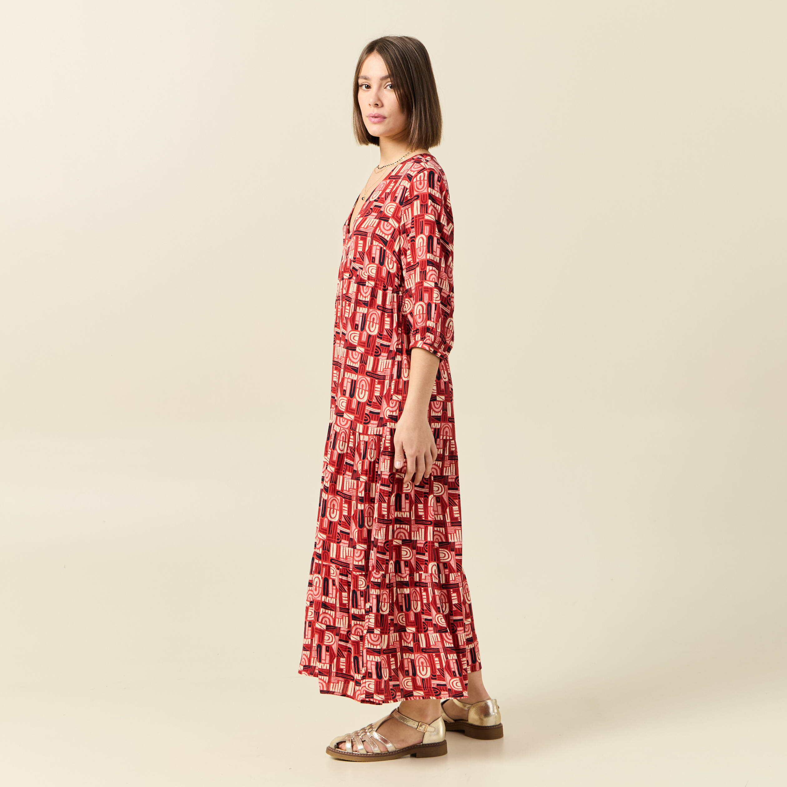 Robe longue droite fluide rouge foncé femme