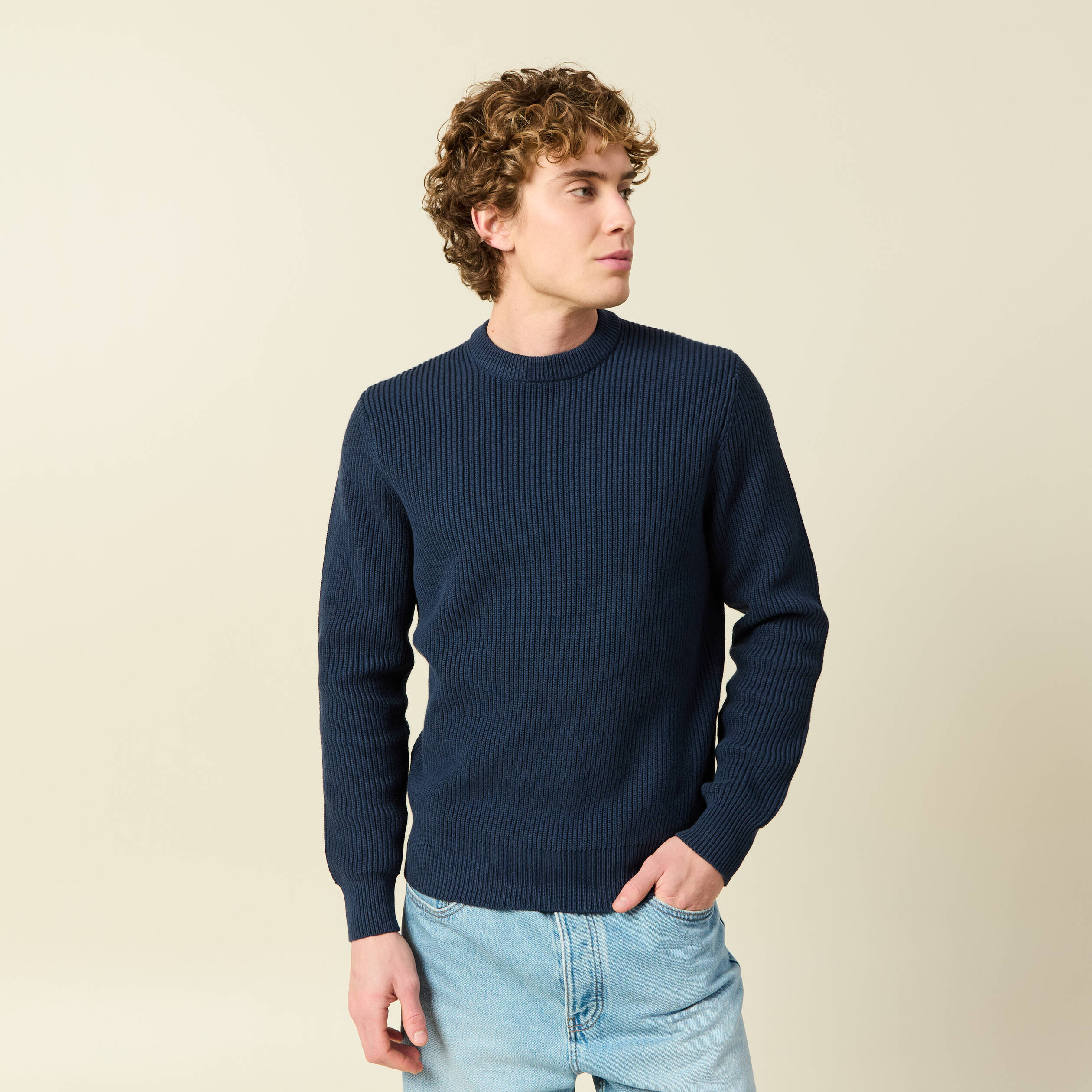 Pull fin manches longues col rond bleu marine homme