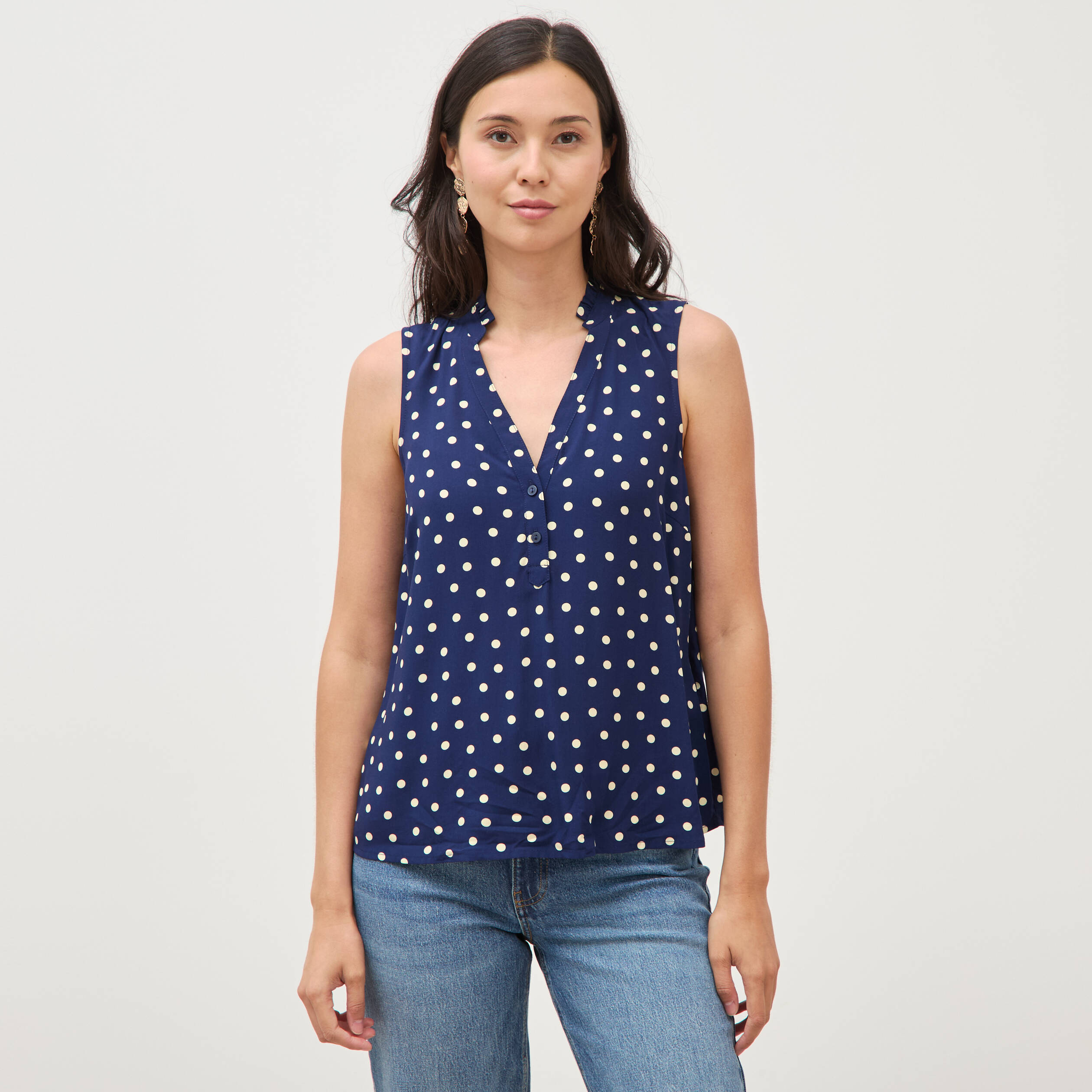 Top sans manches col v fluide bleu femme