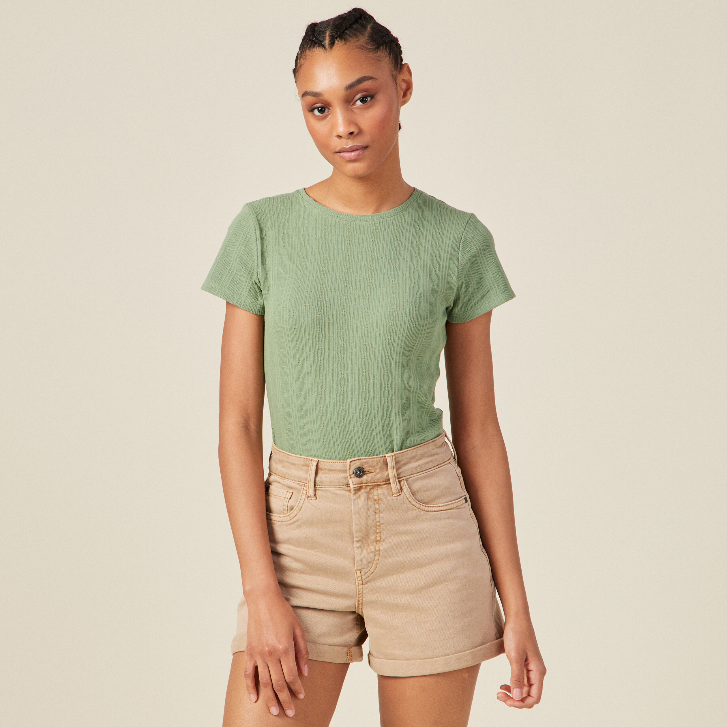 Crop top manches courtes vert kaki femme