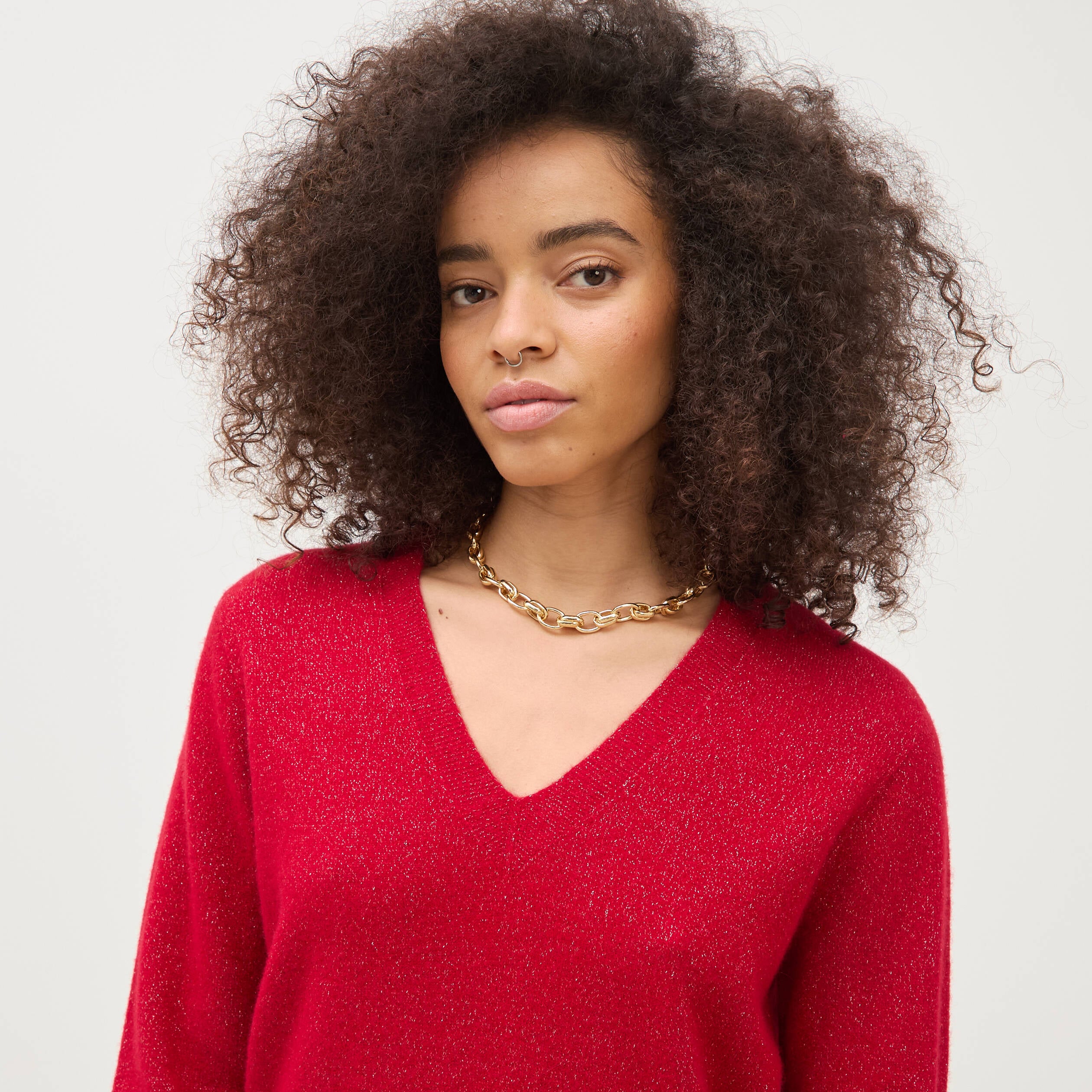 Pull droit col v manches longues rouge femme