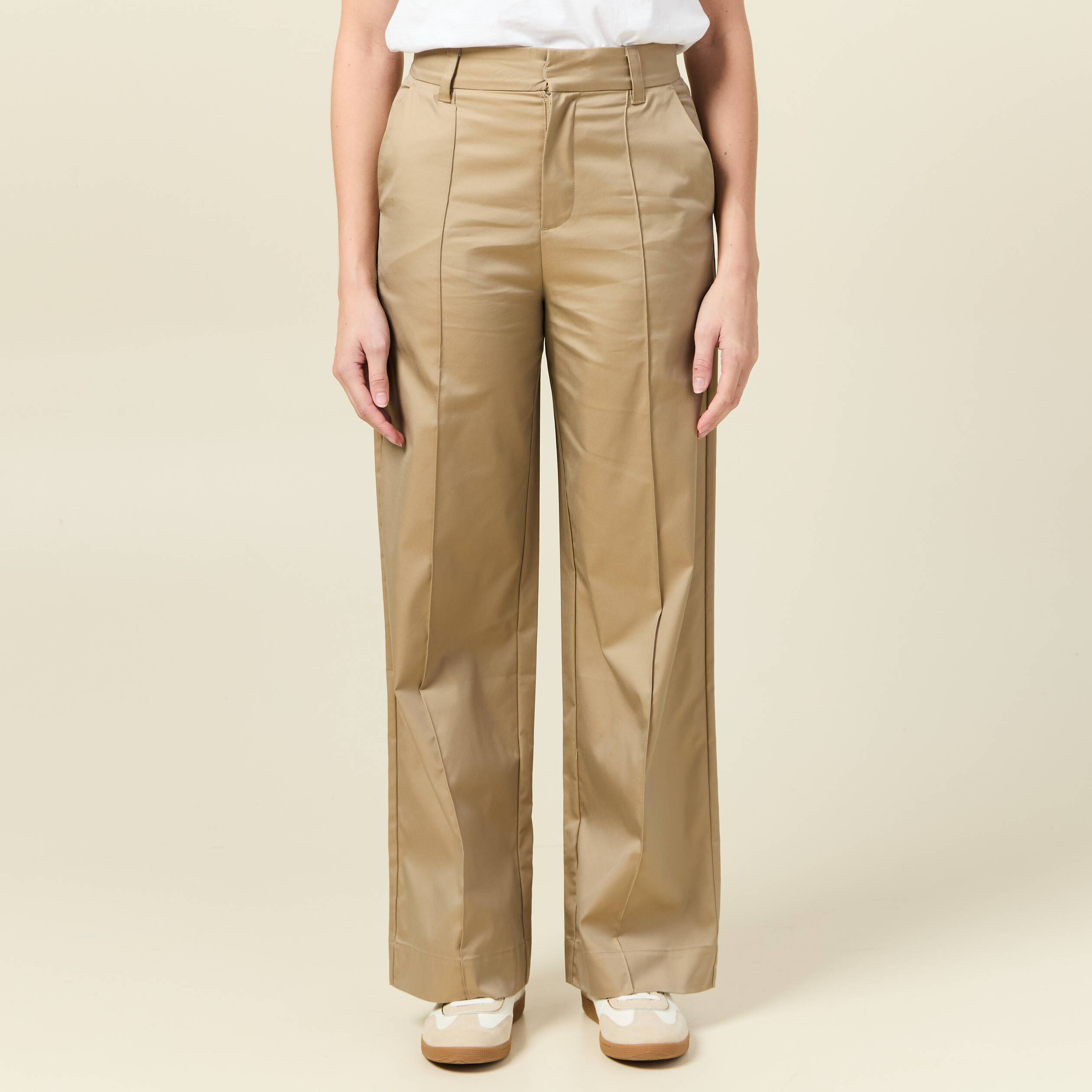 Pantalon large taille haute beige femme