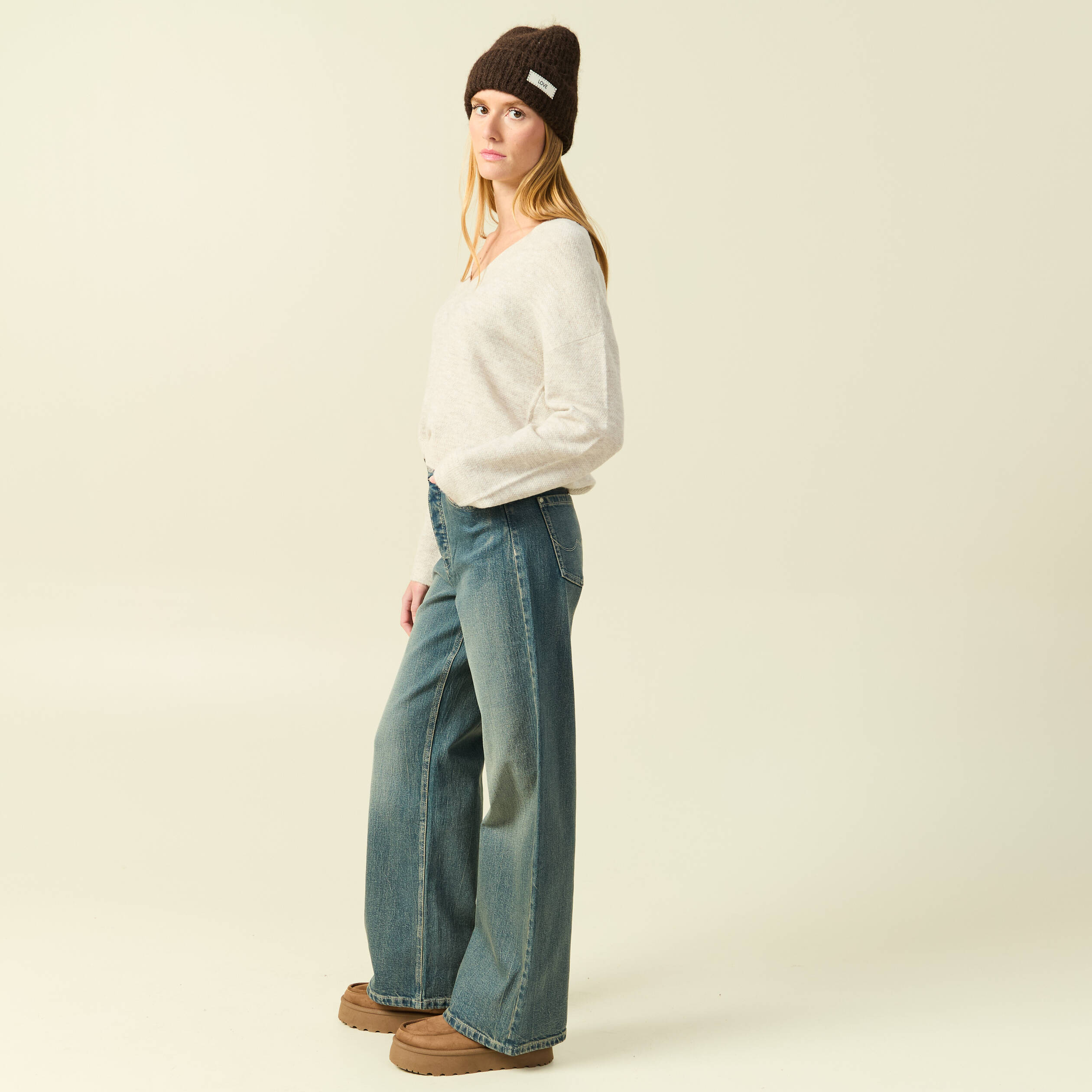 Jeans large taille haute bleu gris femme