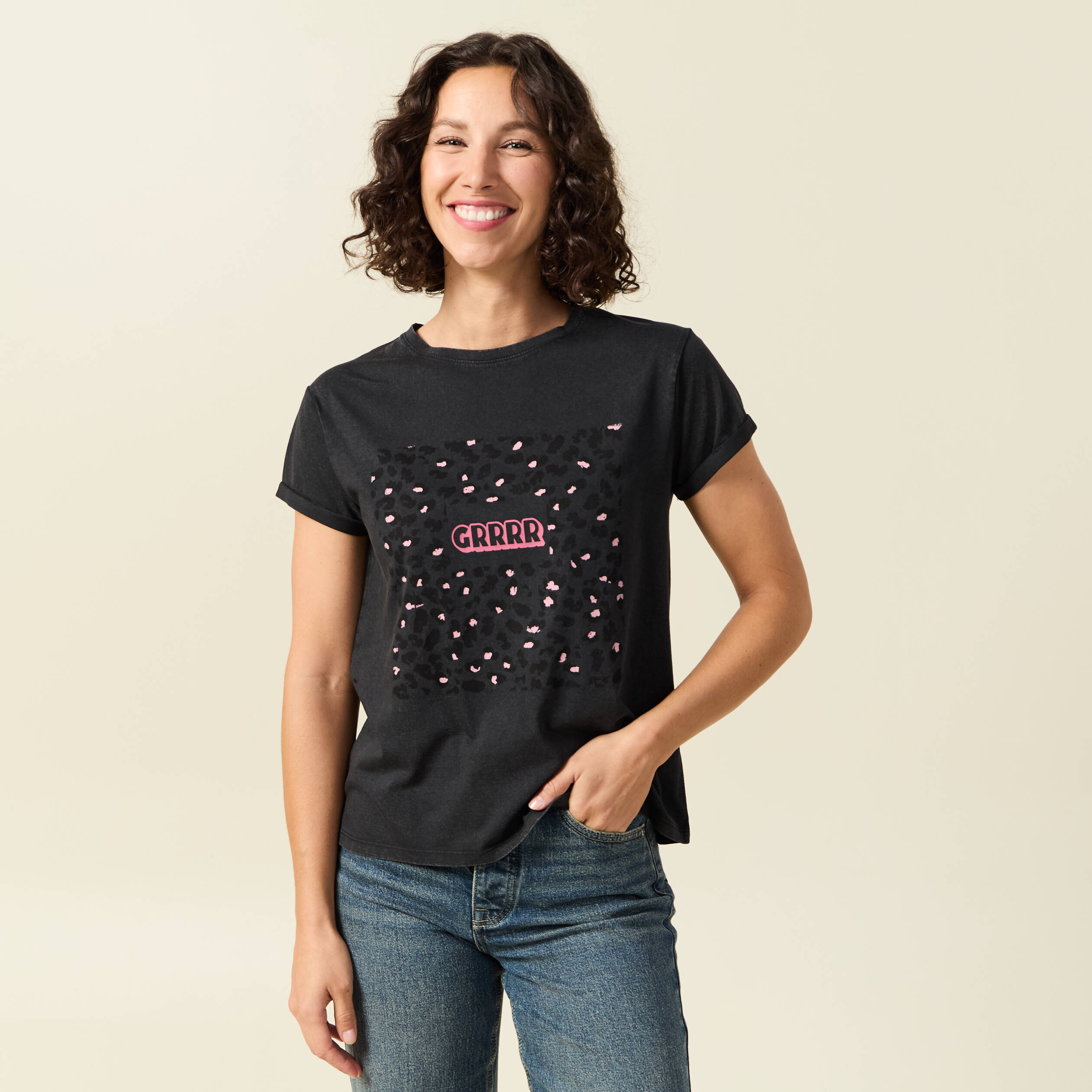 T-shirt en coton manches courtes noir femme