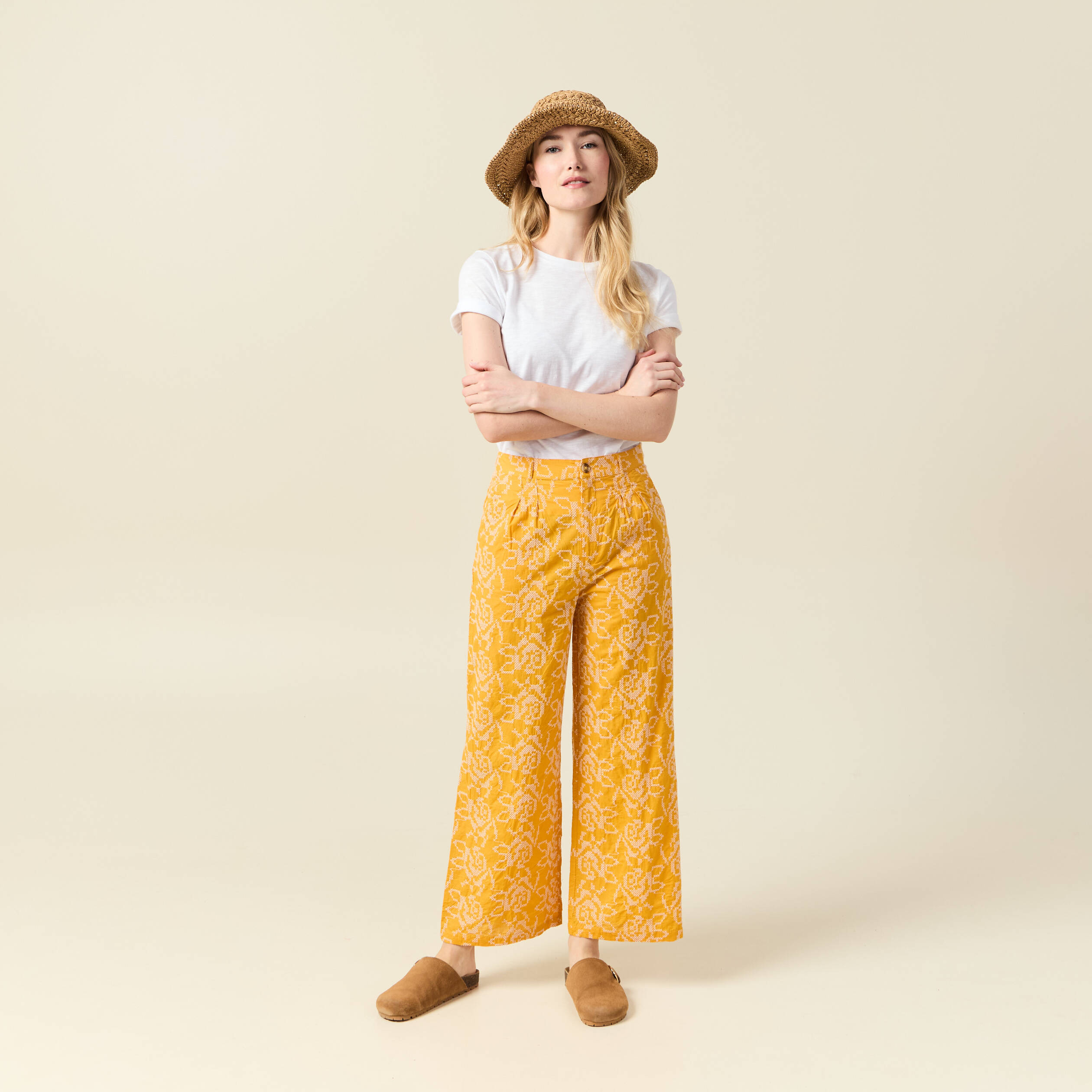 Pantalon large brod&eacute; jaune femme