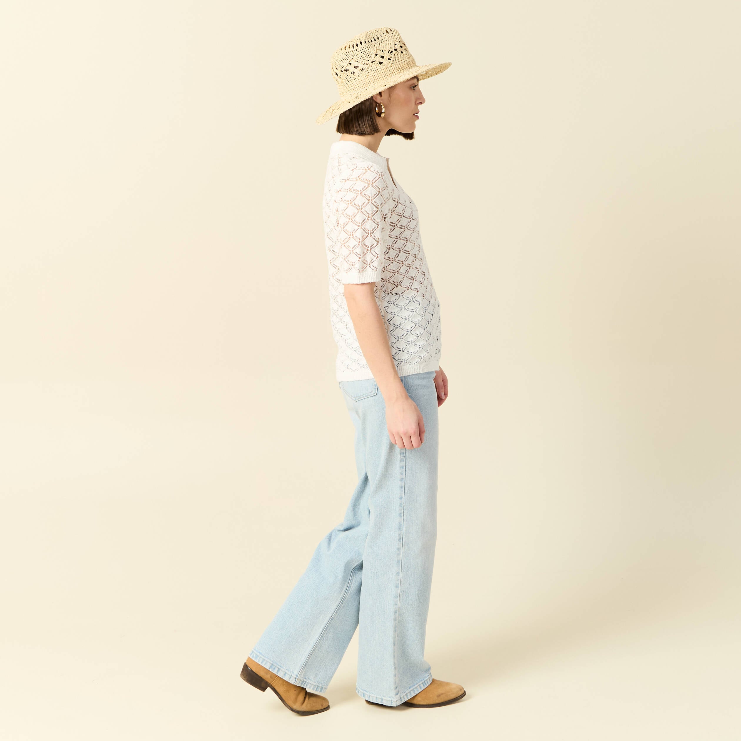 Pull manches courtes ajour&eacute; blanc femme
