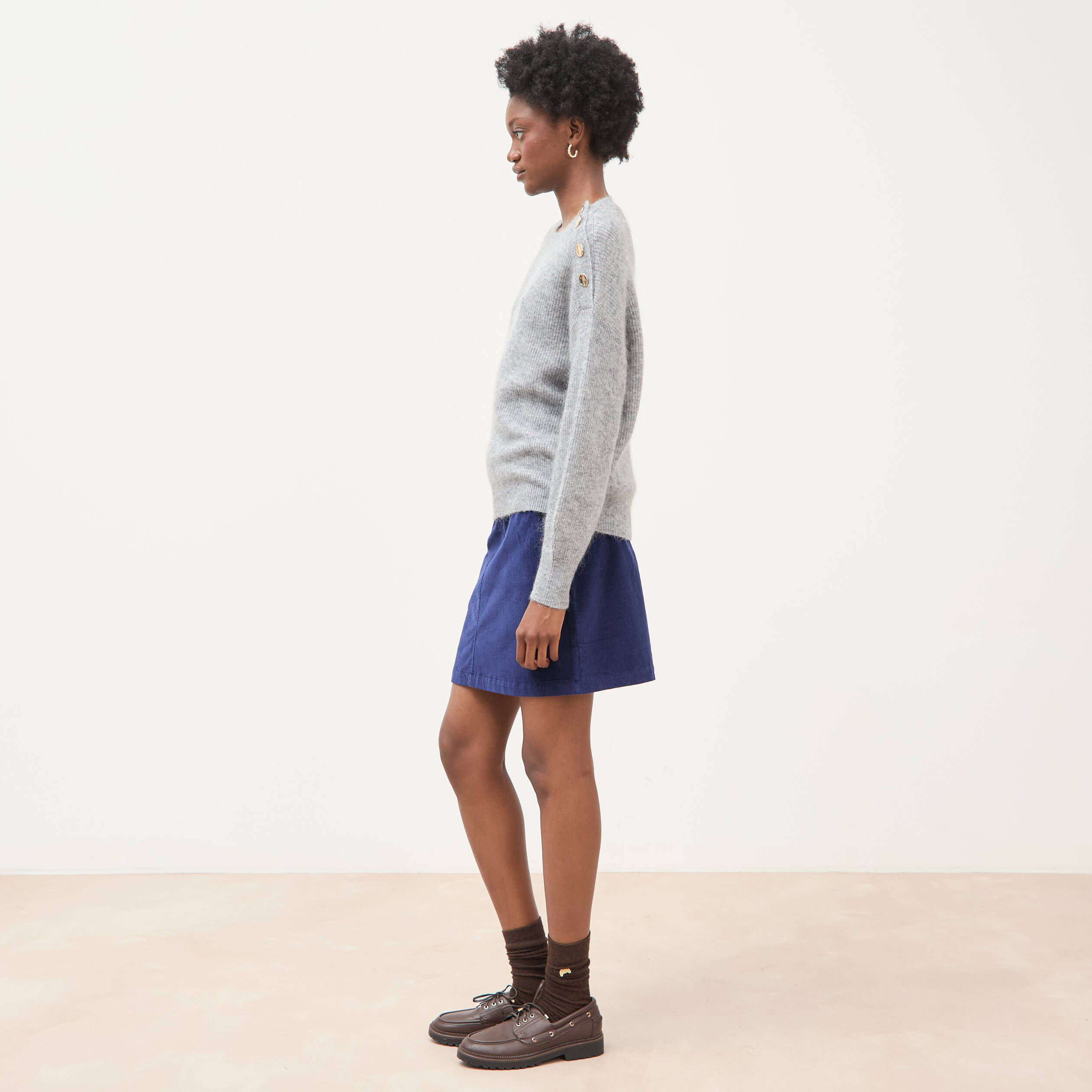Pull droit col rond manches longues gris femme