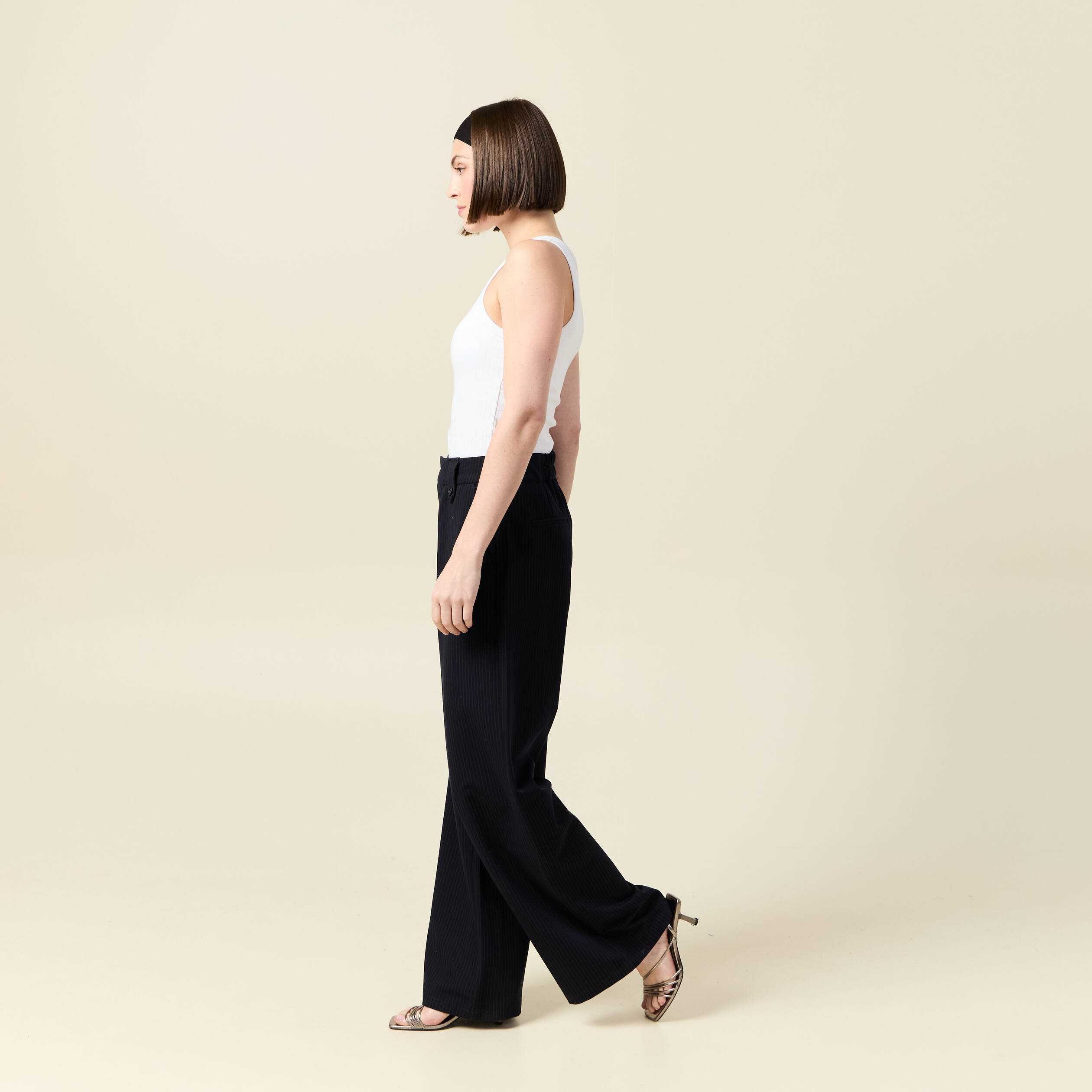 Pantalon large taille haute fluide bleu marine femme Vibs