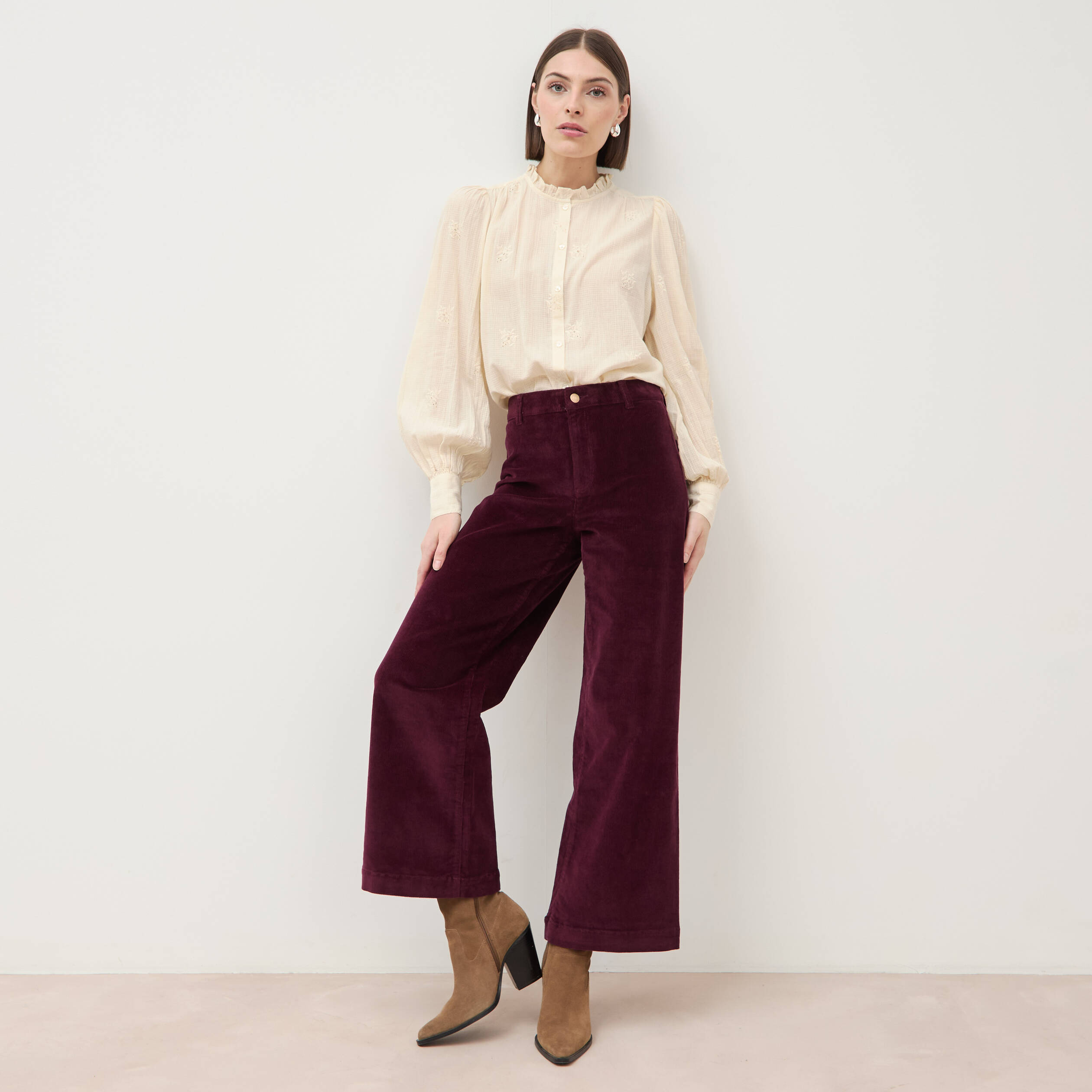Pantalon large taille haute en velours prune femme