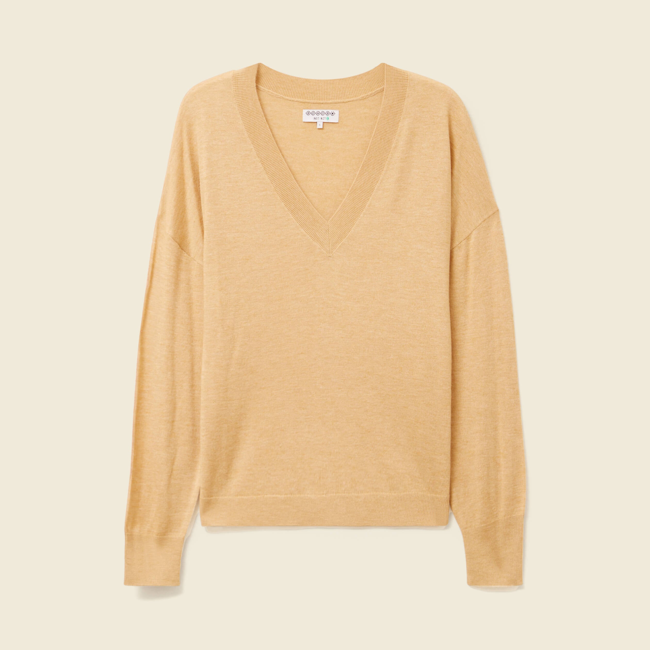 Pull fin col V manches longues marron clair femme