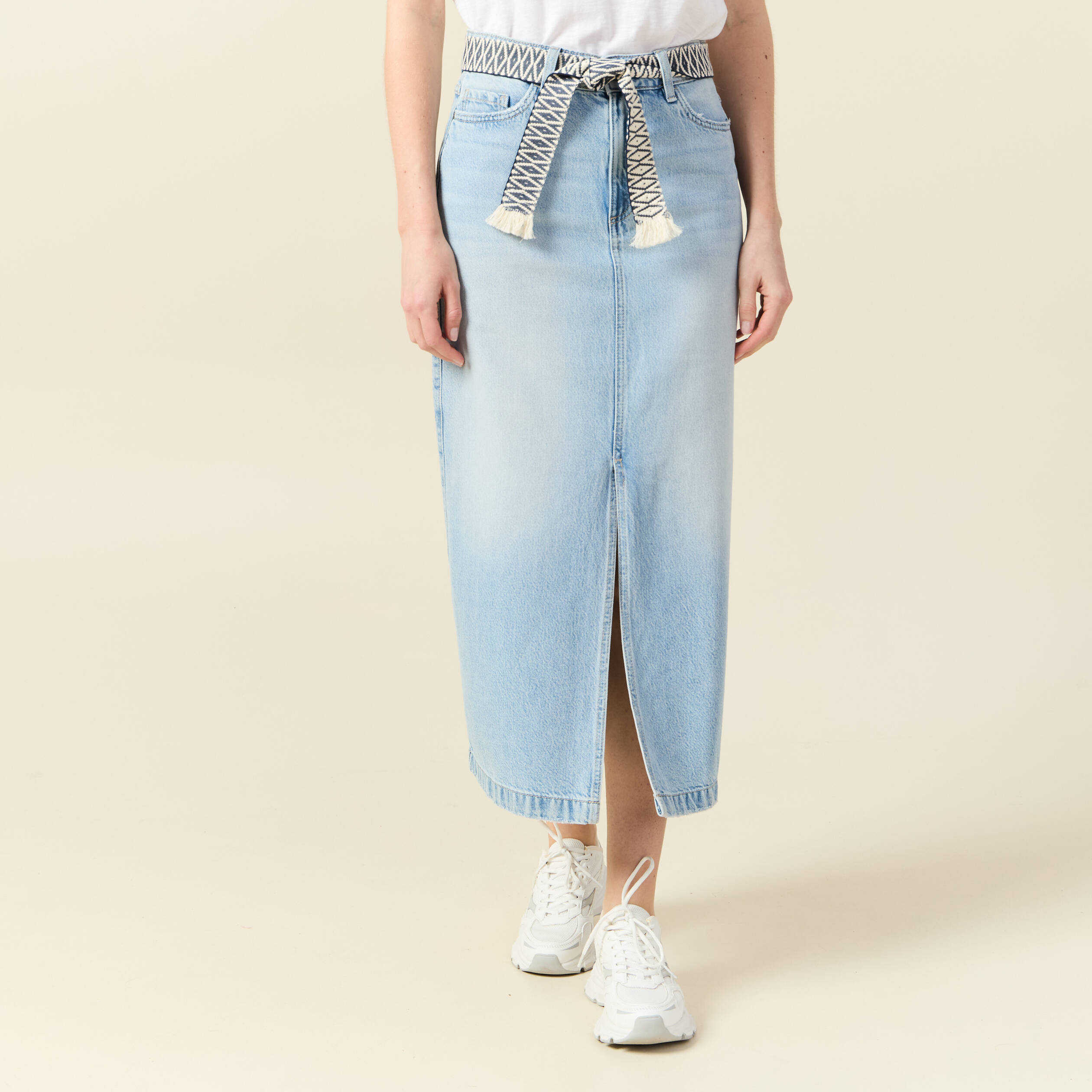 jupe longue droite en jean denim bleach femme Jupe longue droite en jean denim bleach femme