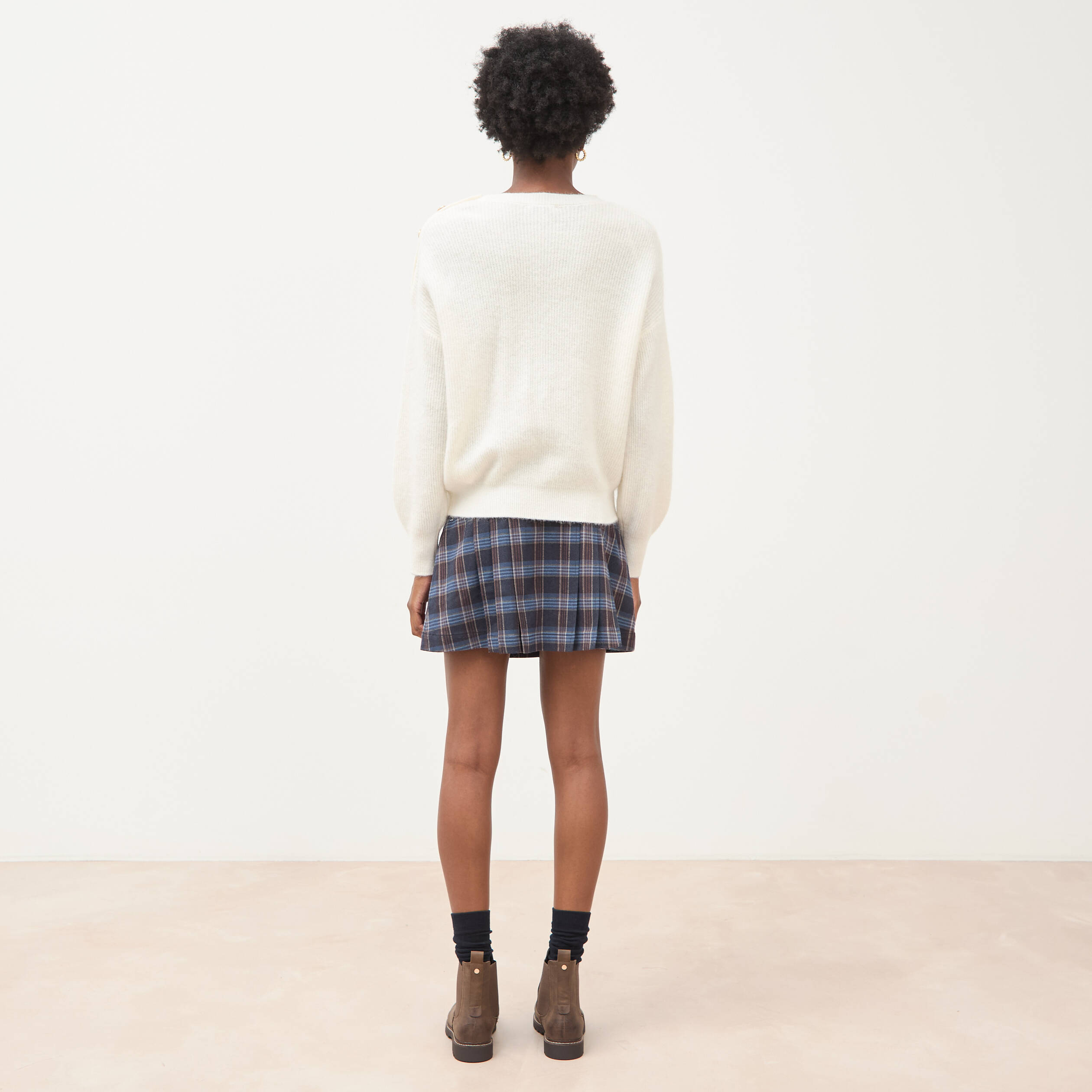 Pull droit col rond manches longues ecru femme