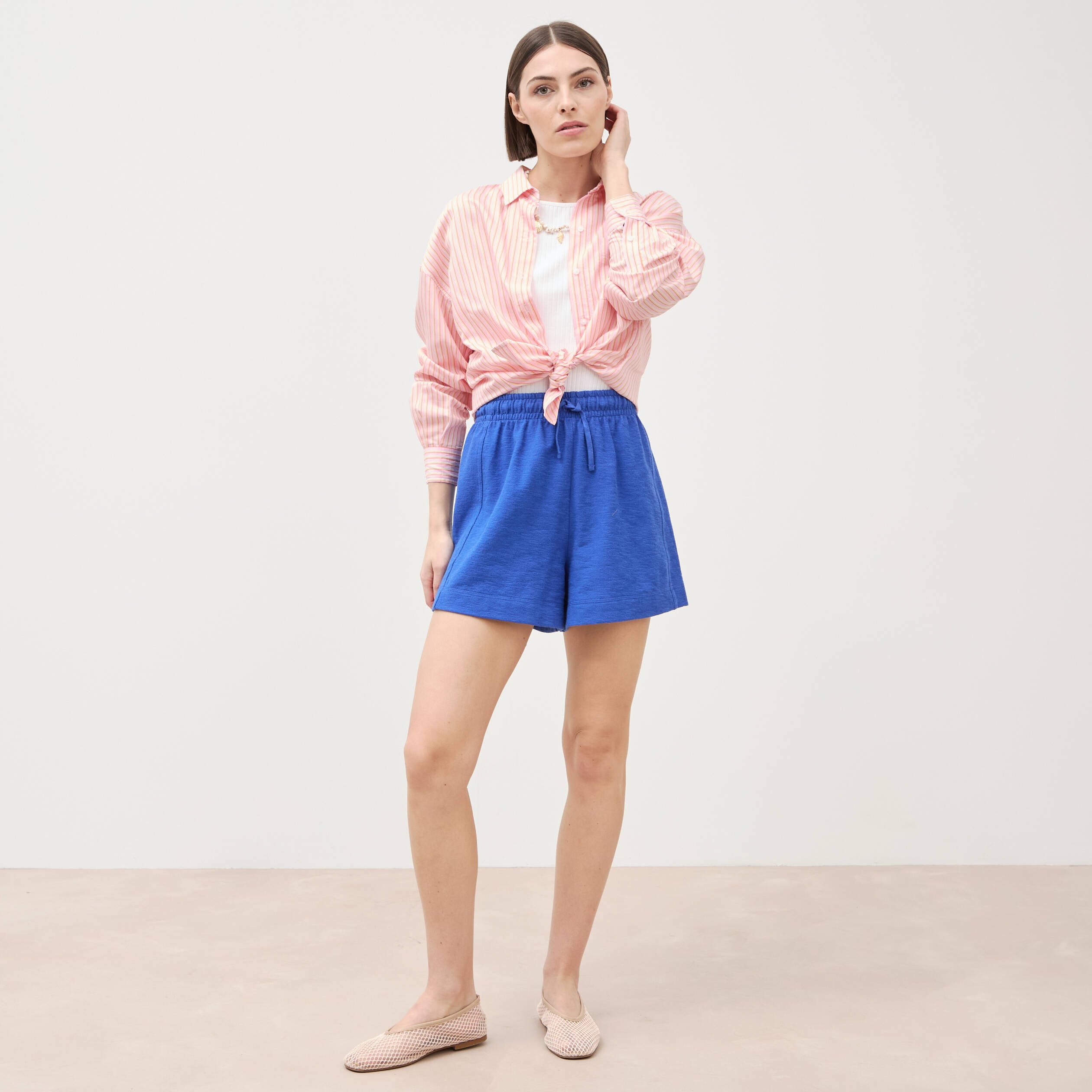 Short taille haute en maille ray&eacute;e bleu electrique femme