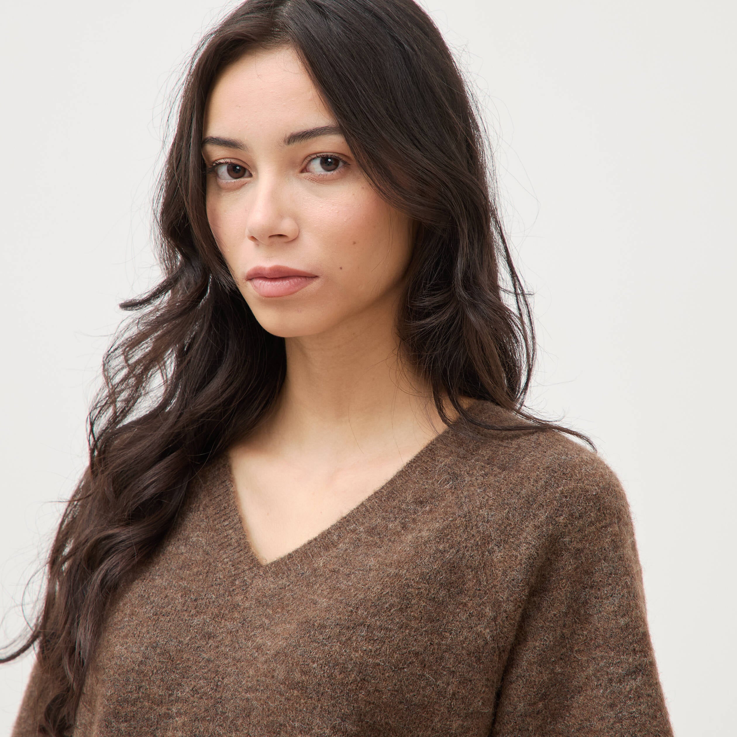 Pull droit col rond manches courtes marron femme