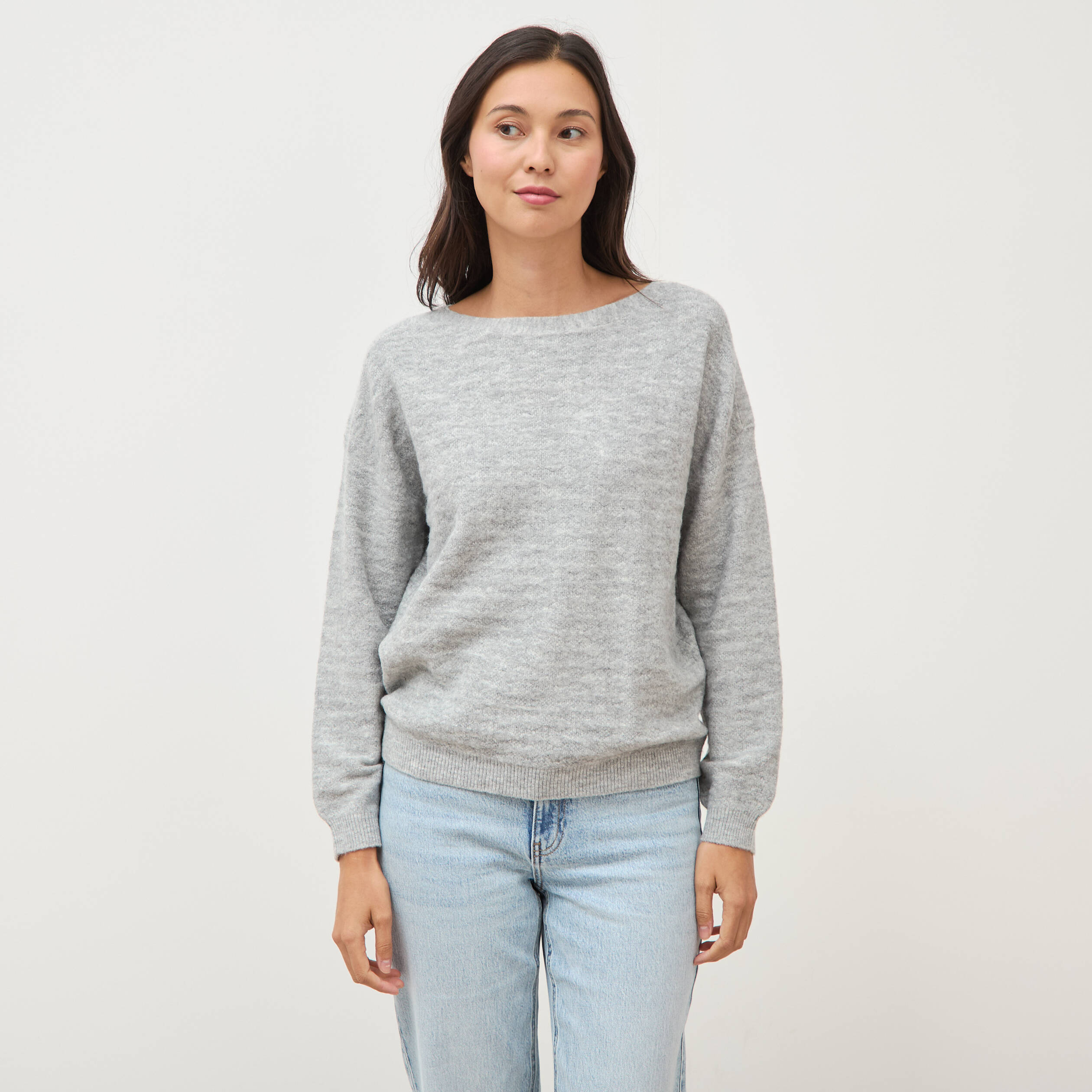 Pull manches longues col bateau gris femme