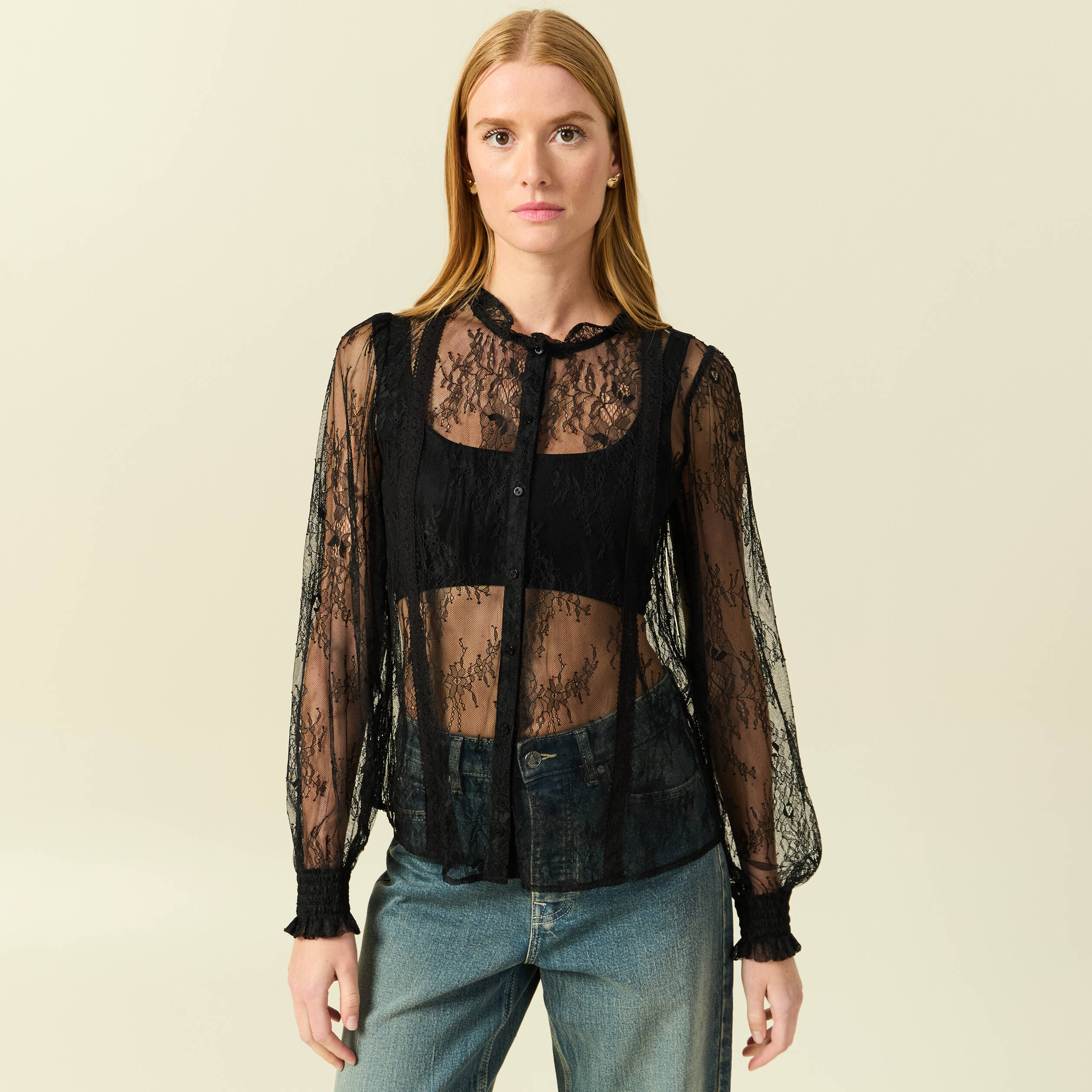 Chemise en dentelle manches longues noir femme Vibs