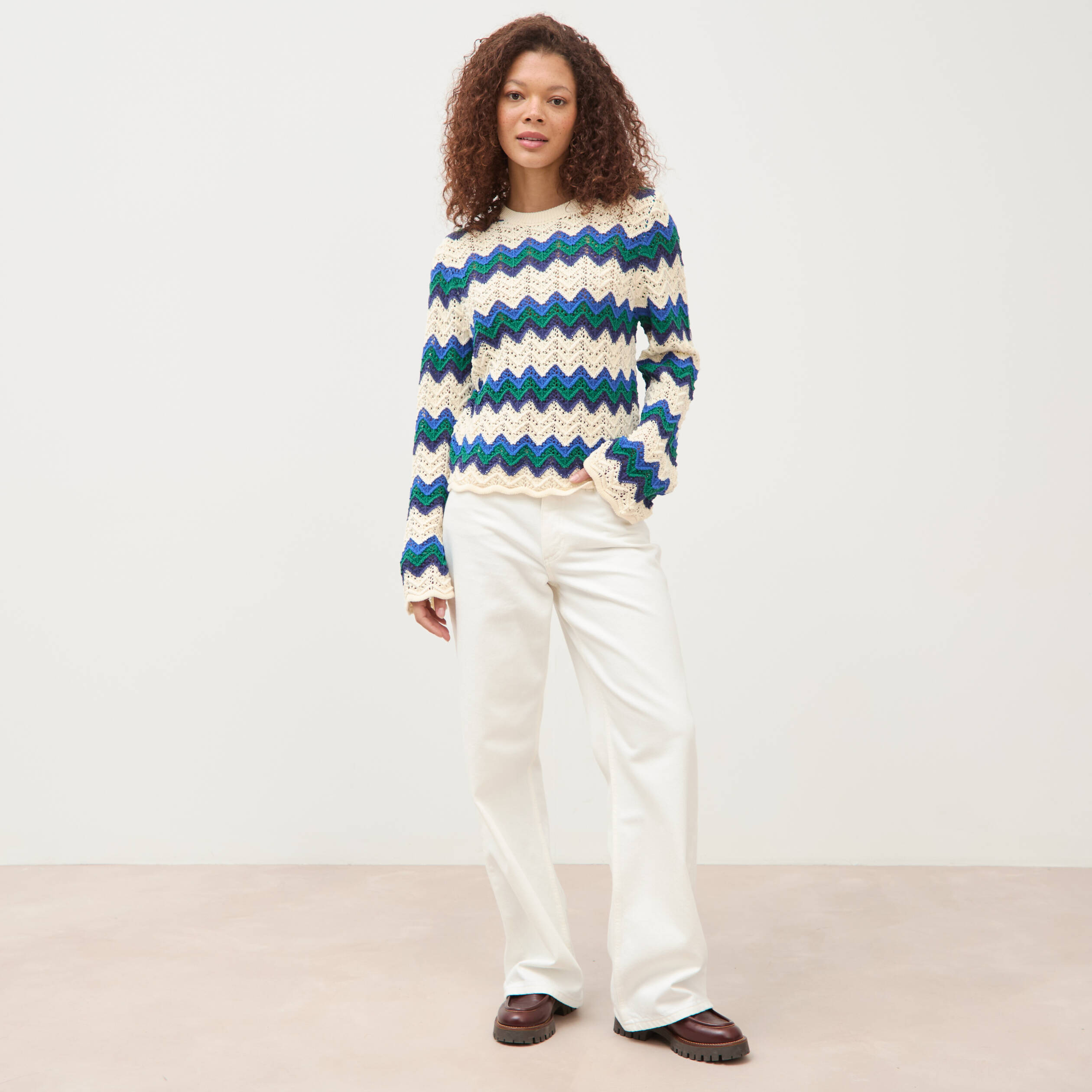Pull ajour&eacute; coton manches longues ecru femme