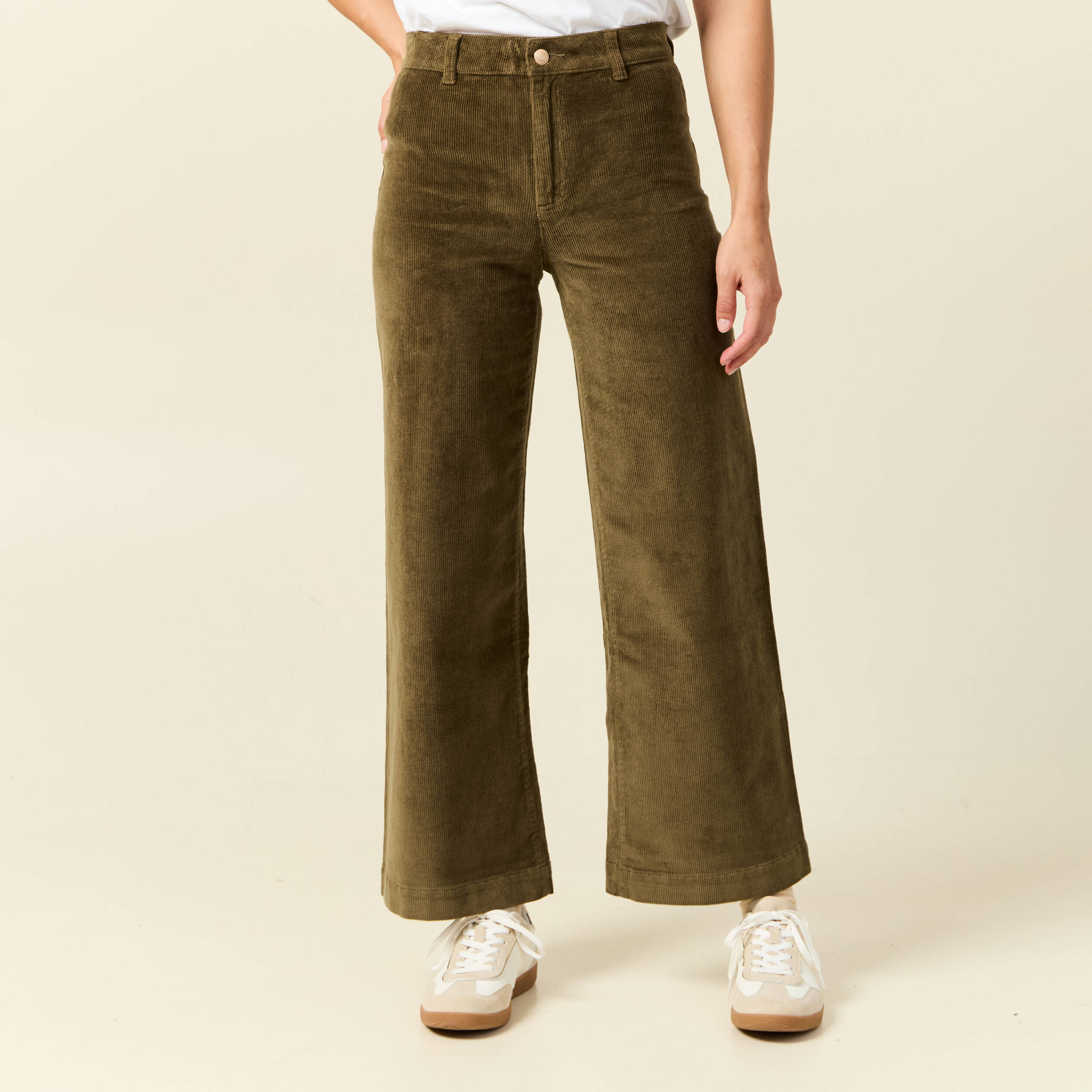 Pantalon large taille haute en velours vert kaki femme
