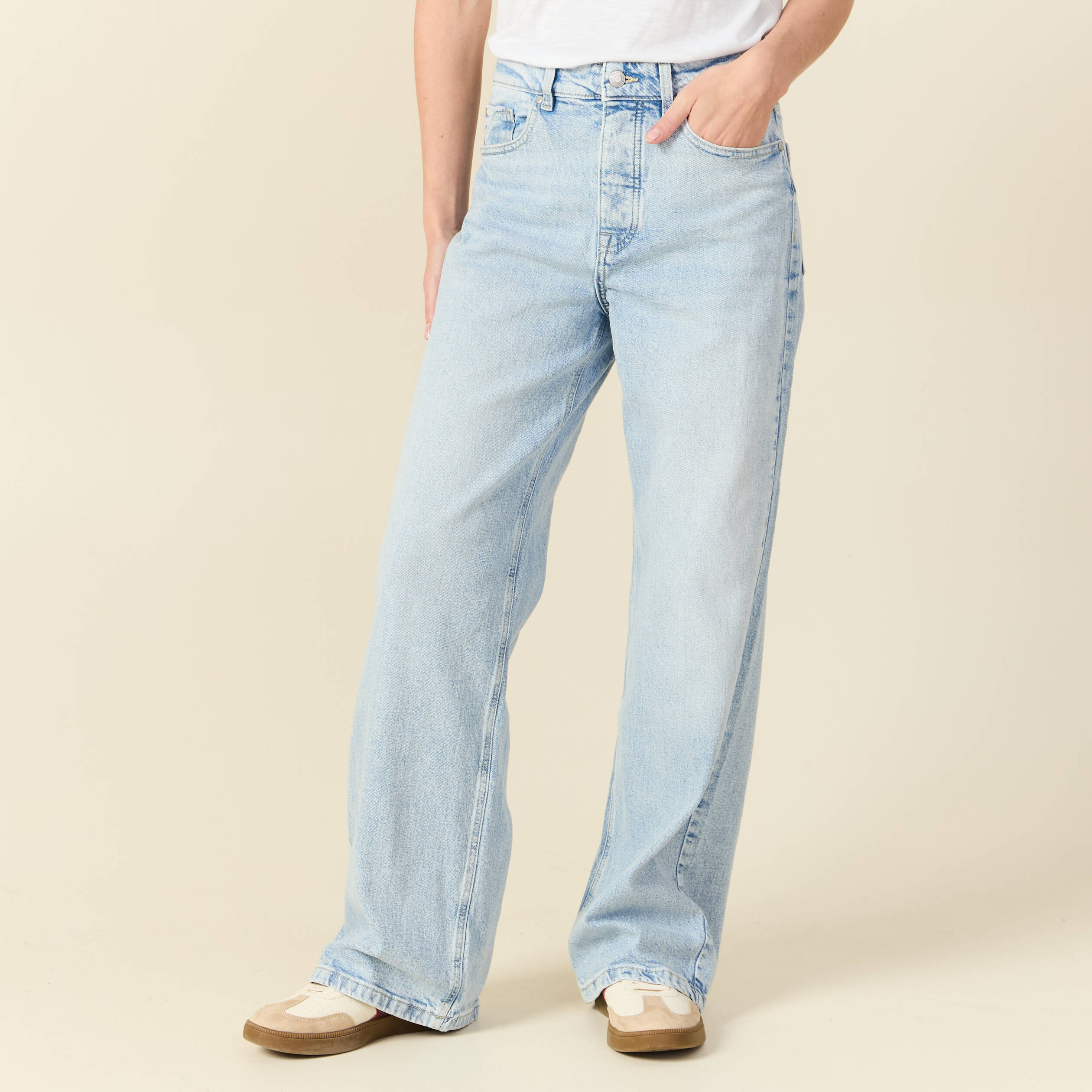 Jeans large taille haute denim bleach femme