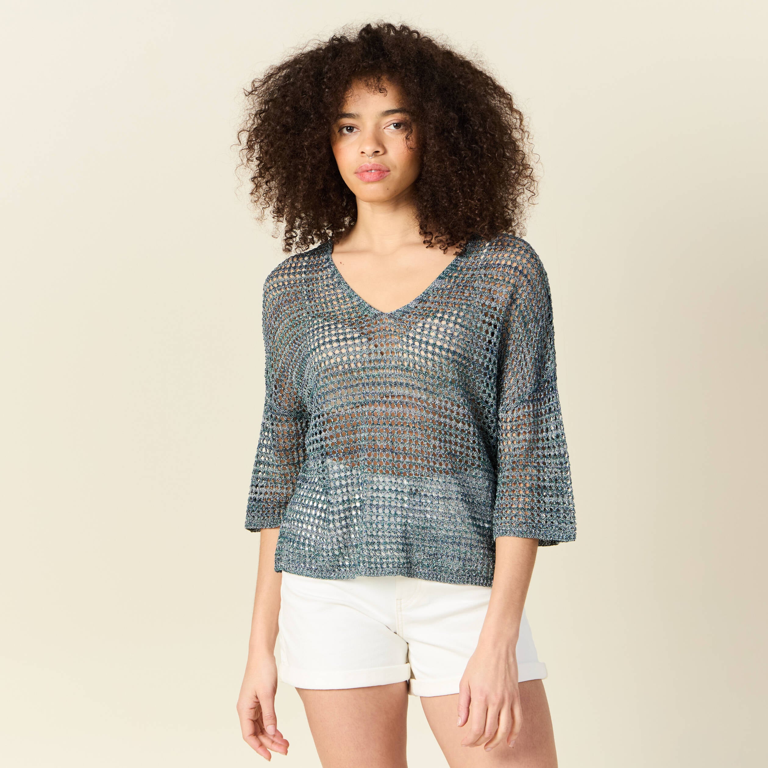 Pull manches courtes ajour&eacute; bleu clair femme