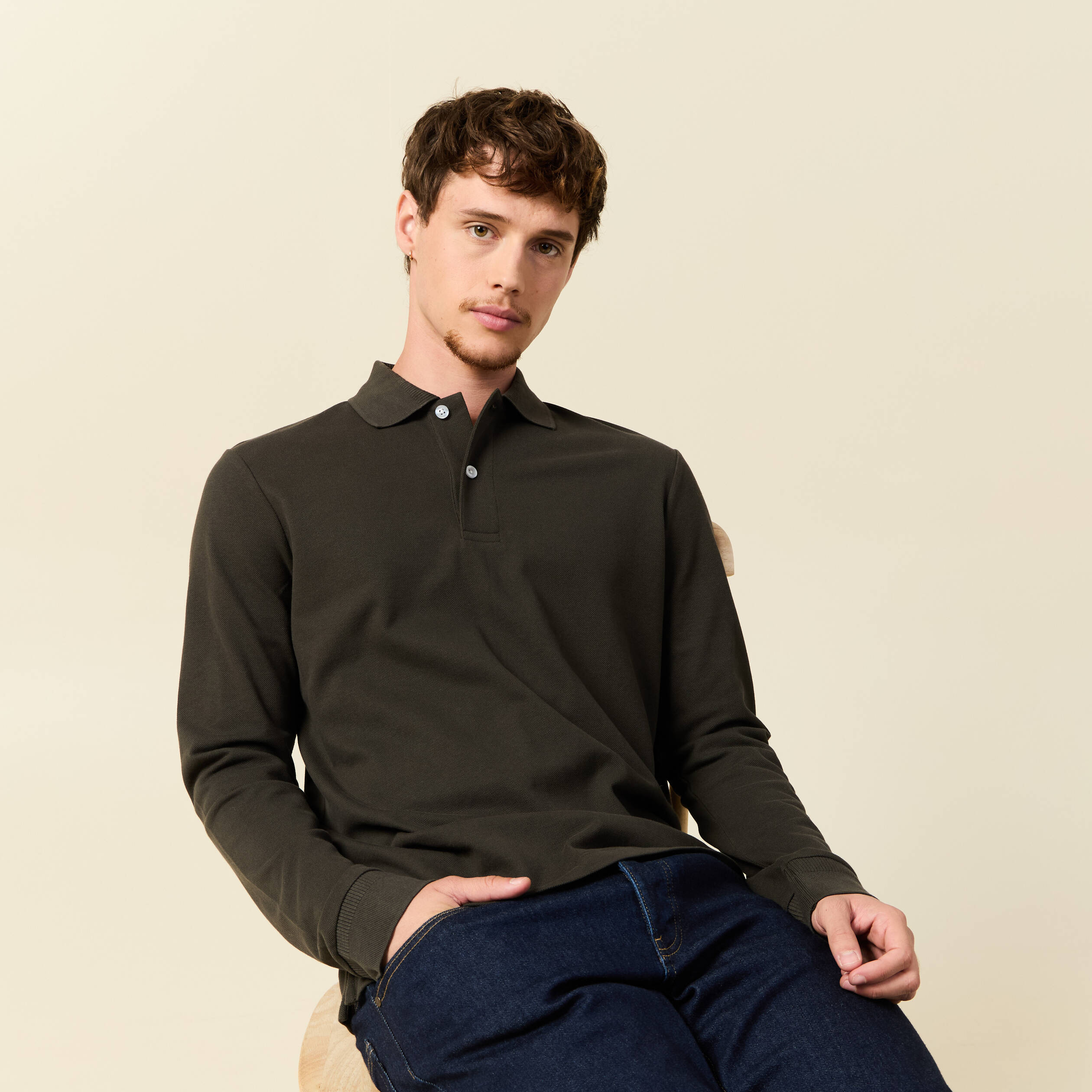Polo manches longues en coton vert kaki homme