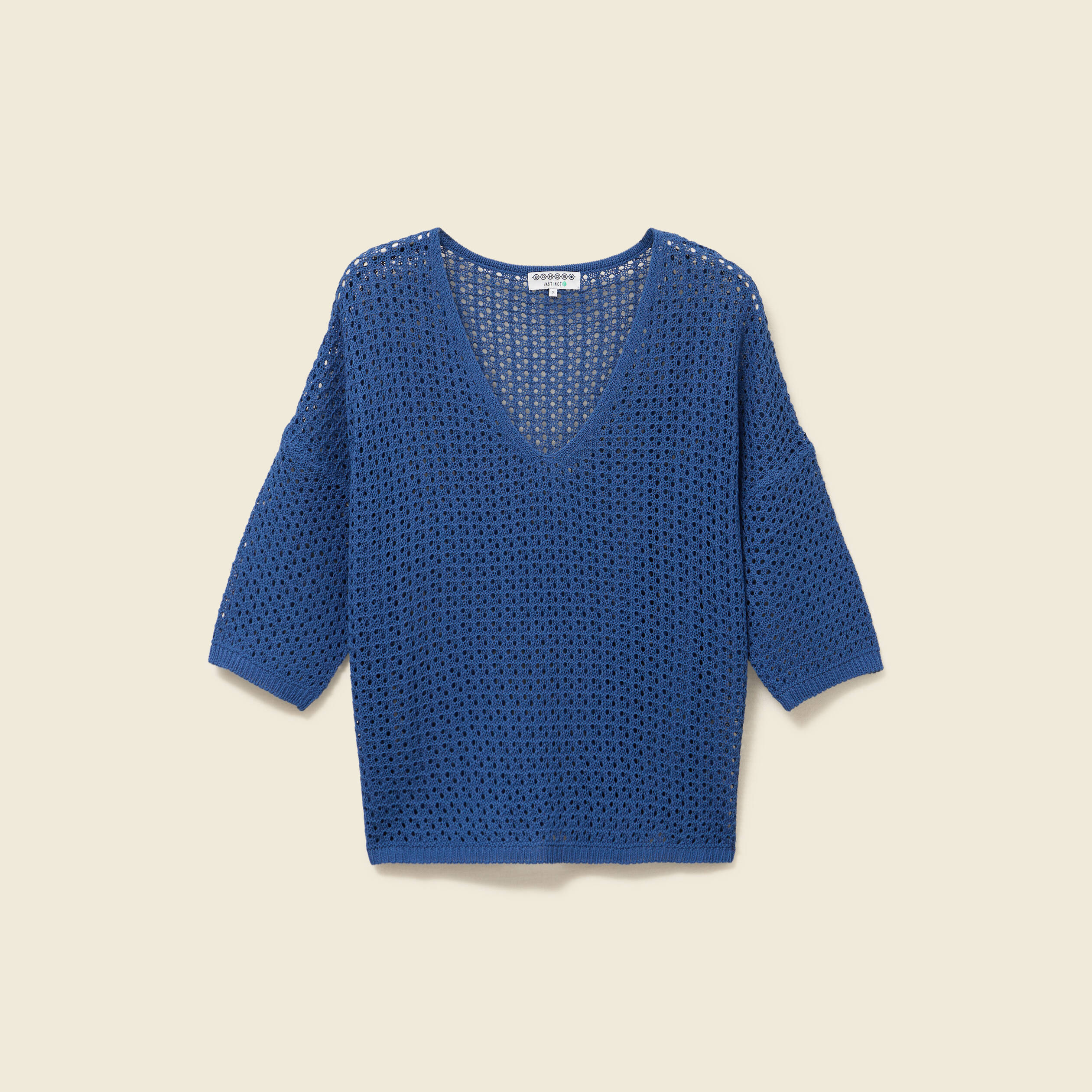 Pull ajour&eacute; col v manches 3/4 bleu marine femme
