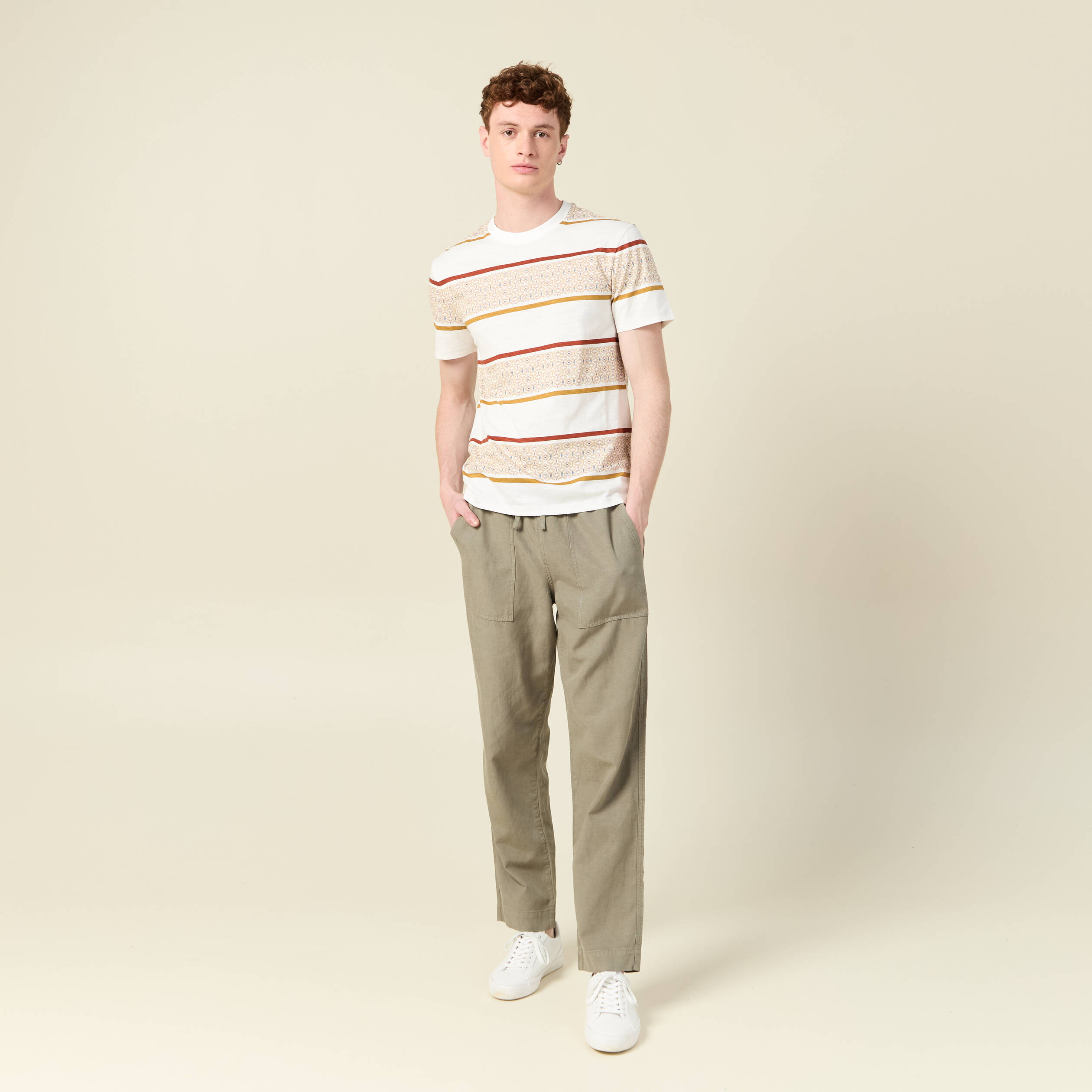 T-shirt ray&eacute; col rond manches courtes ecru homme