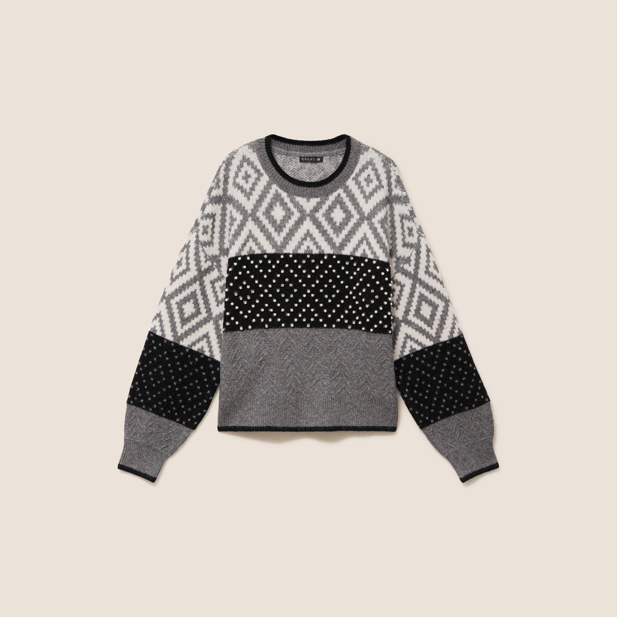 Pull jacquard col rond gris femme