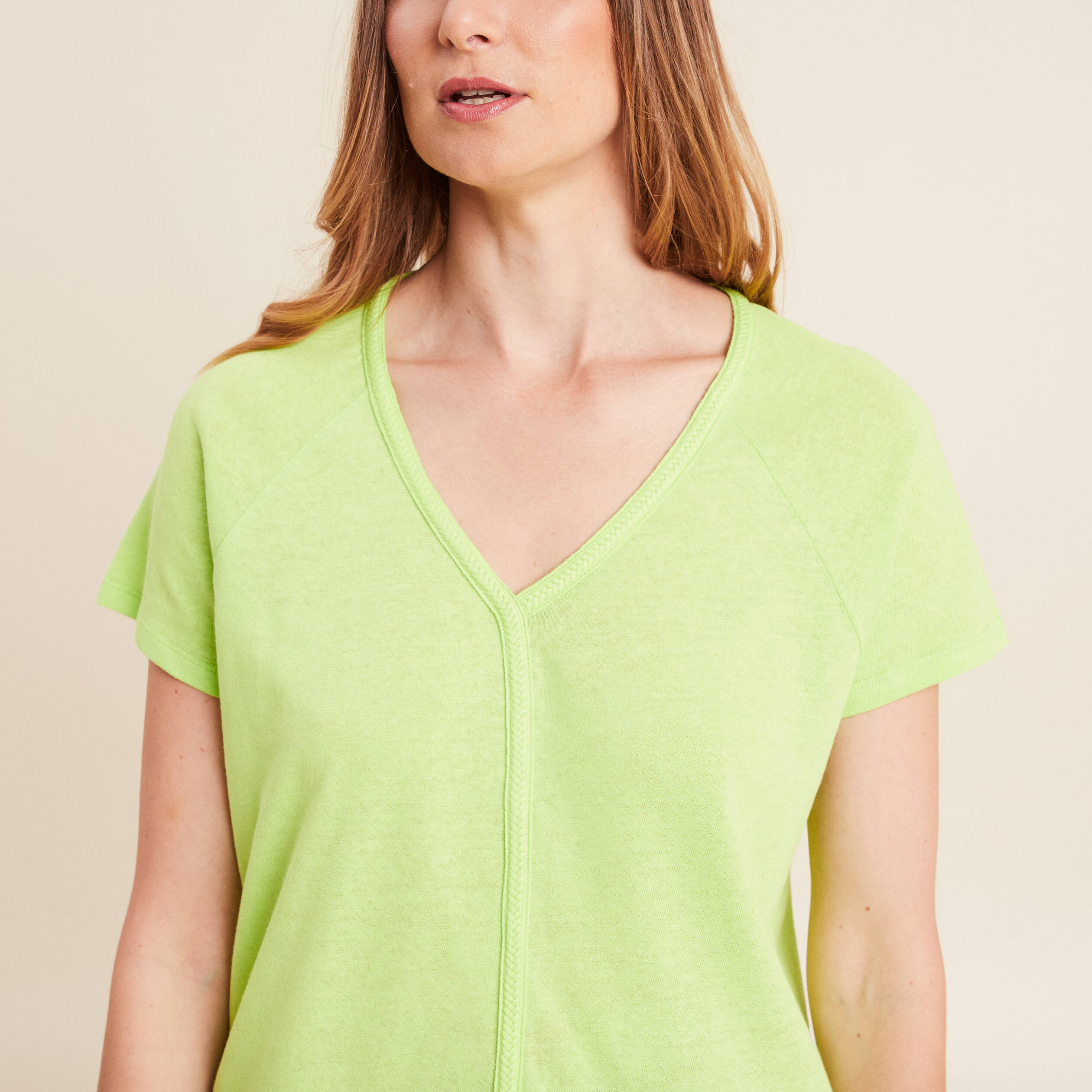 T-shirt tresse manches courtes vert anis femme