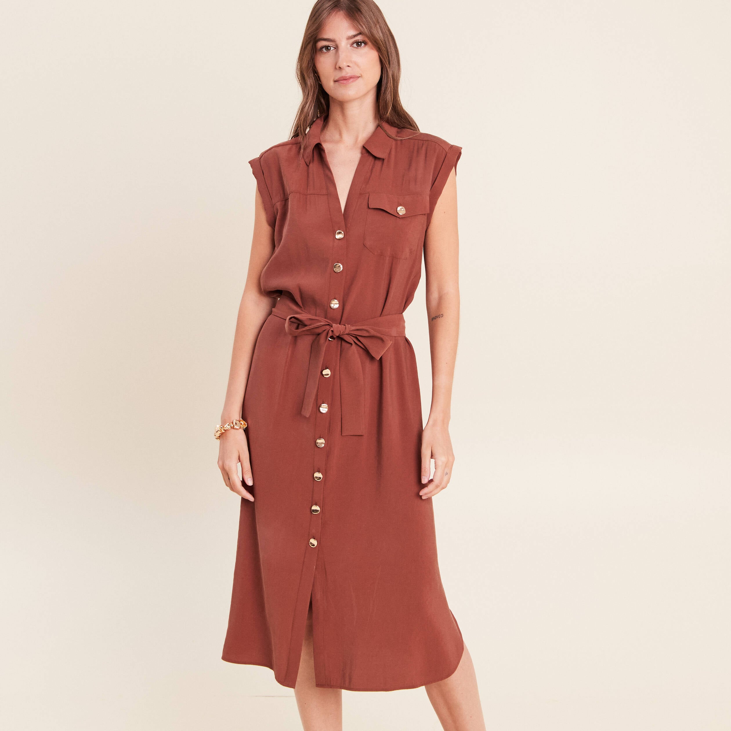 Robe droite col chemise manches courtes marron femme