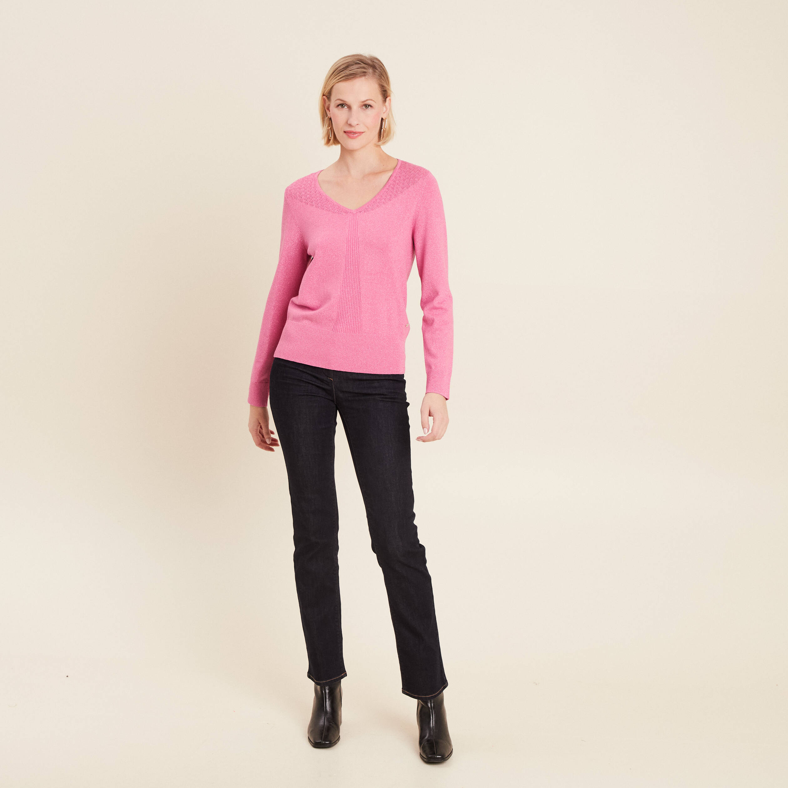 pull manches longues col en v rose femme Pull manches longues col en V rose femme
