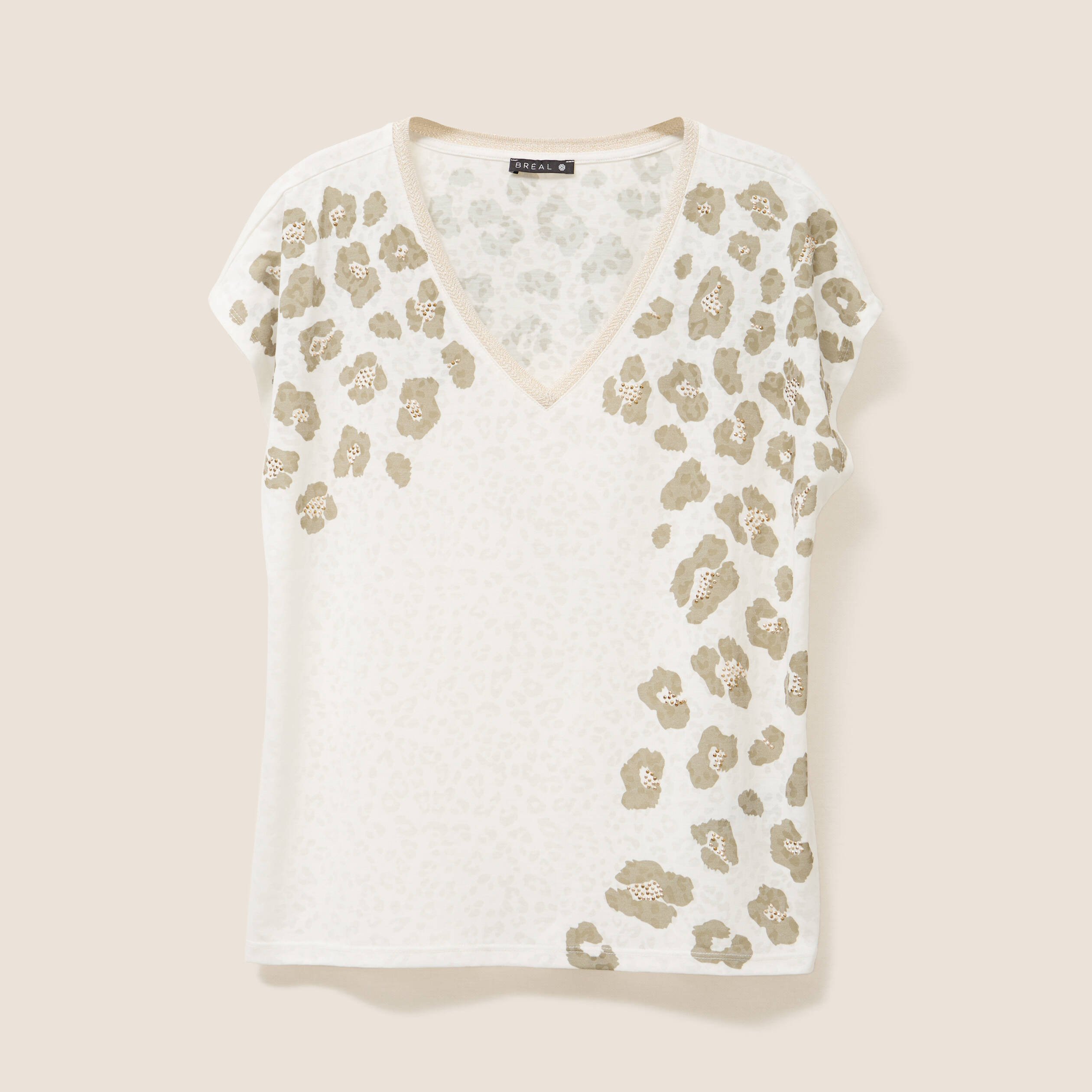 T-shirt droit col V manches courtes ecru femme