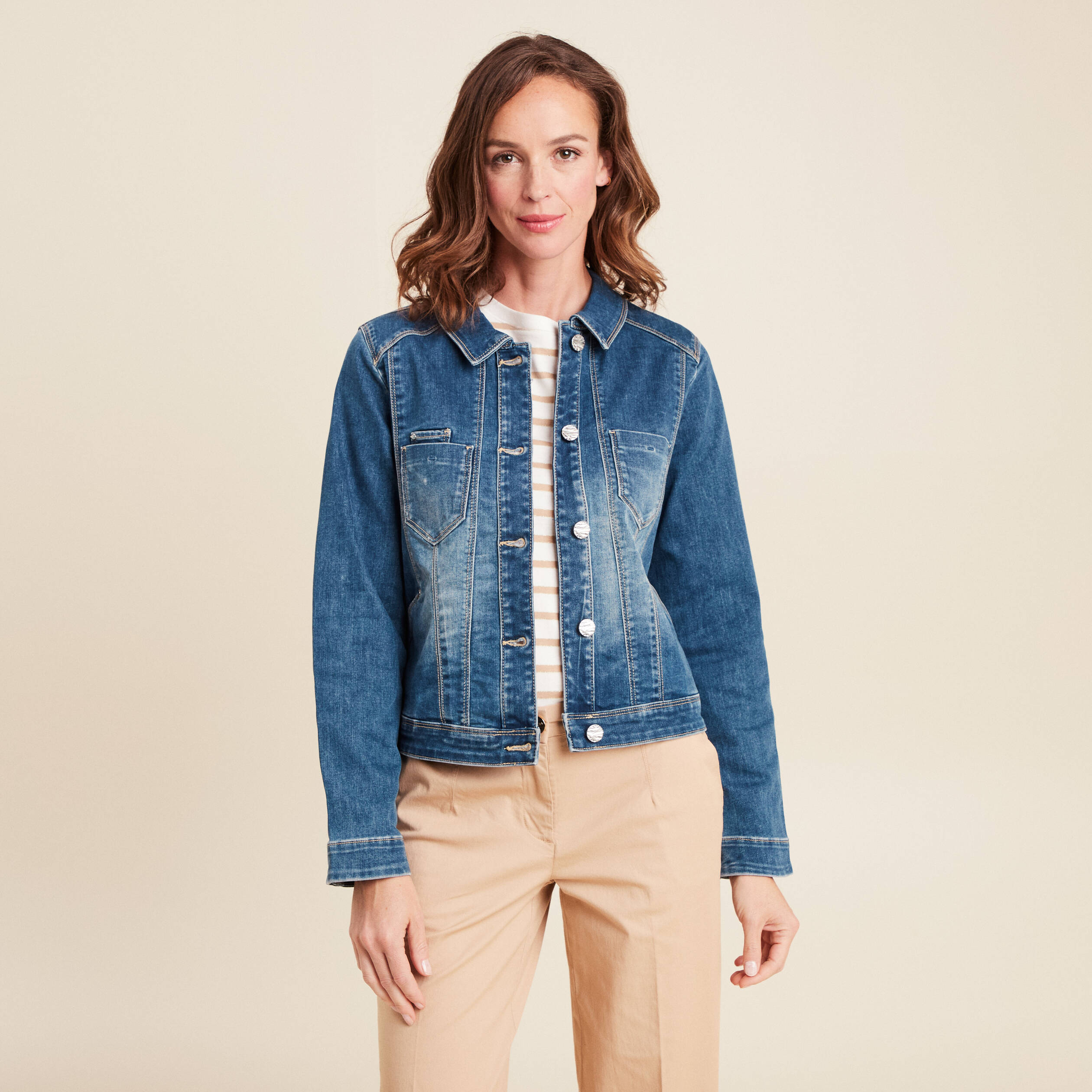 veste jean ajustee manches longues denim double stone femme Veste jean ajustée manches longues denim double stone femme